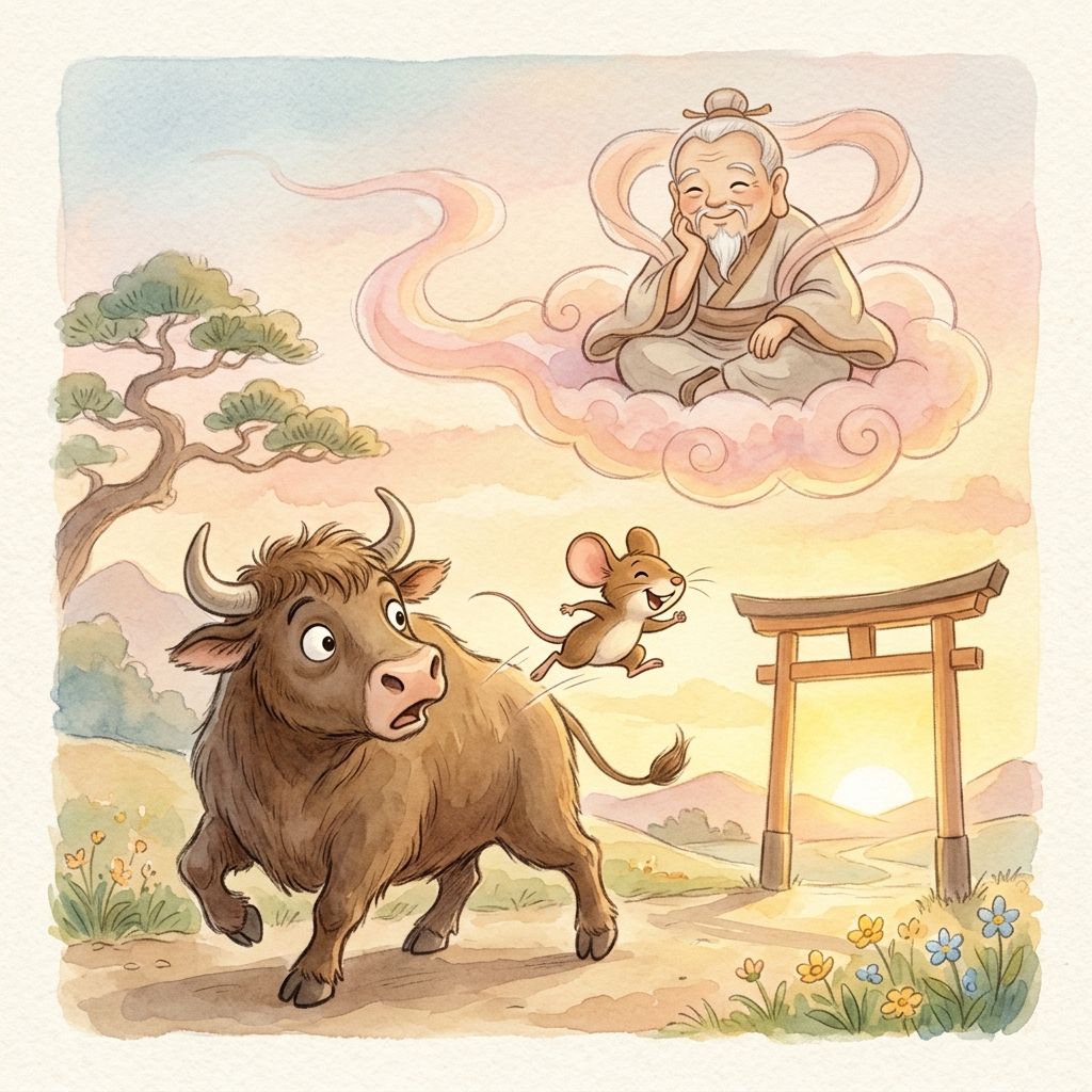 ねずみが牛から飛び降りて一番乗り