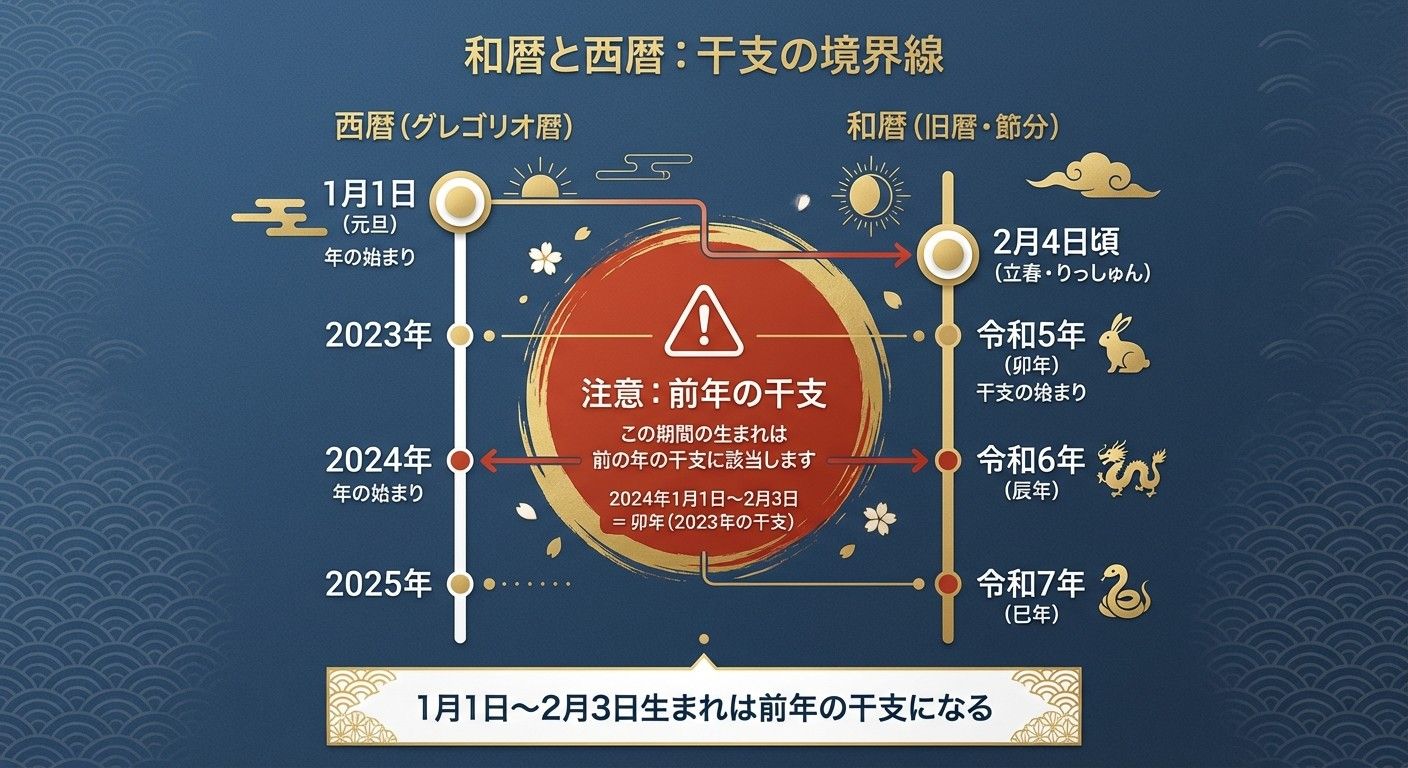 六十干支 早見表。1950年から2024年までをリスト化した表。年の区切りが立春である旨の注意書きを朱色の手書き風で添えたもの。