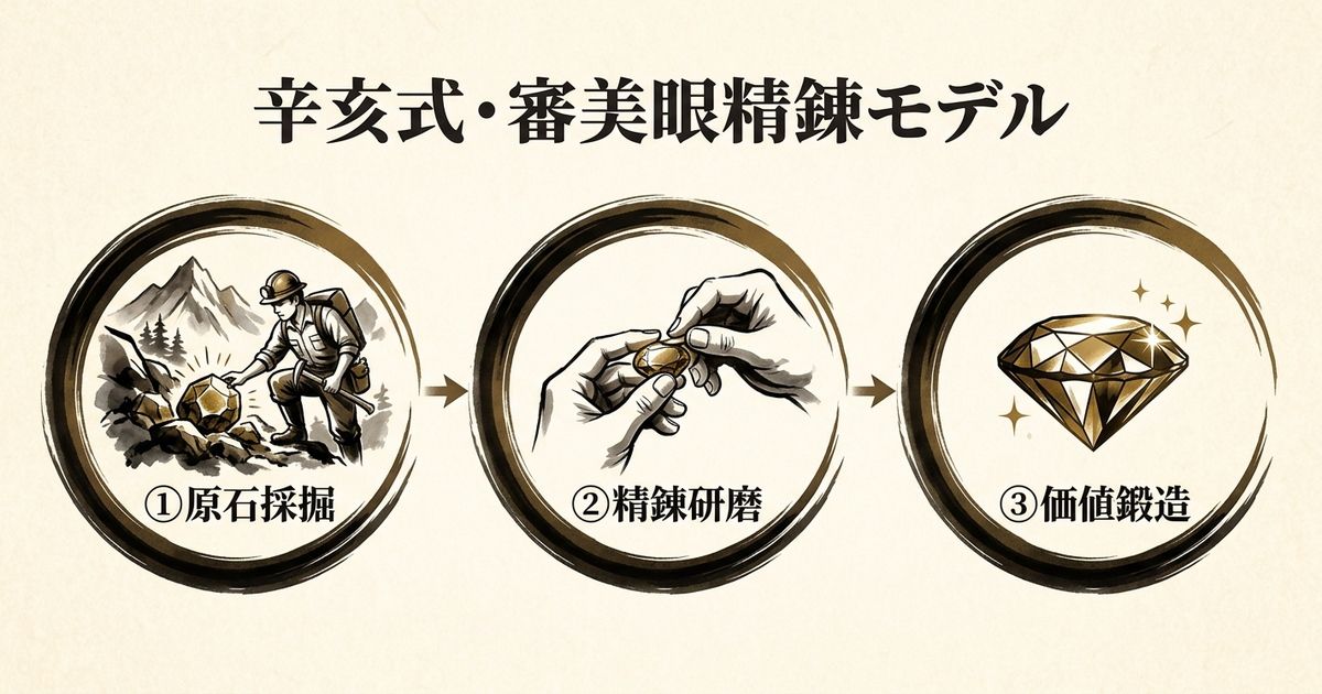 辛亥式「審美眼精錬モデル」── 原石採掘→精錬研磨→価値鍛造