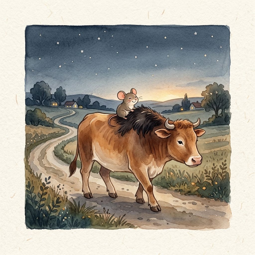 牛の背中に乗るねずみ