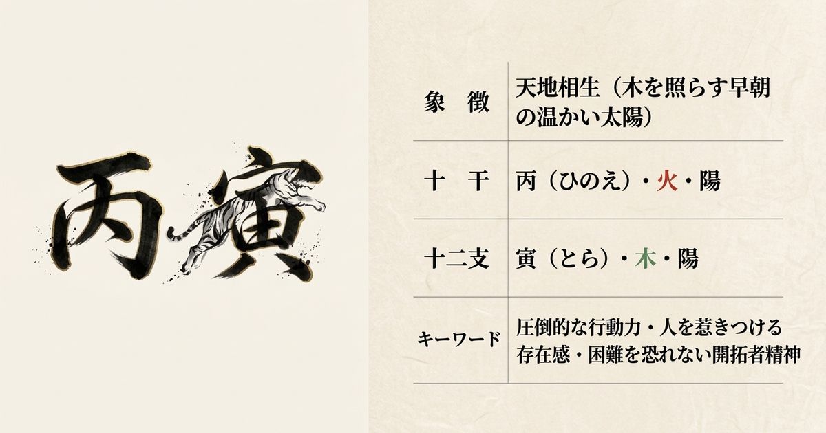 丙寅の基本情報：読み方「ひのえとら」、五行「火・木」、キーワード「情熱の開拓者」