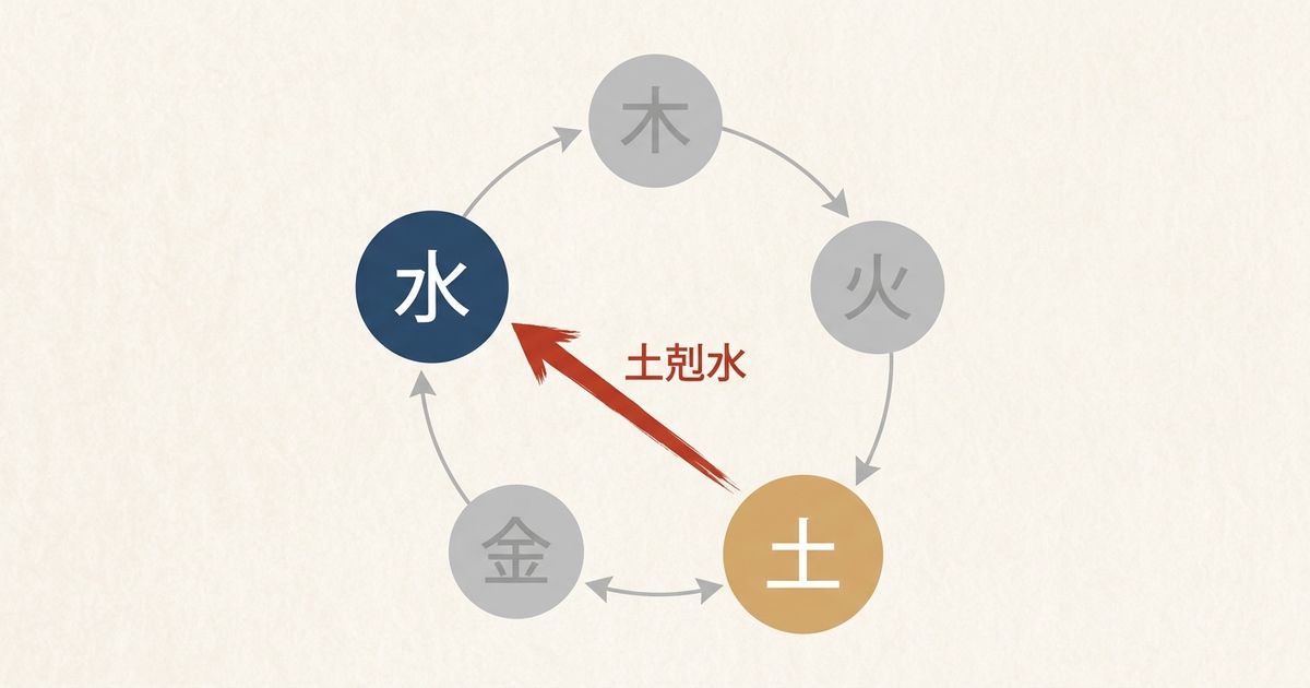 壬（水）と戌（土）の相剋関係。土が水を堰き止めることで、自由への衝動と責任感のバランスが生まれる