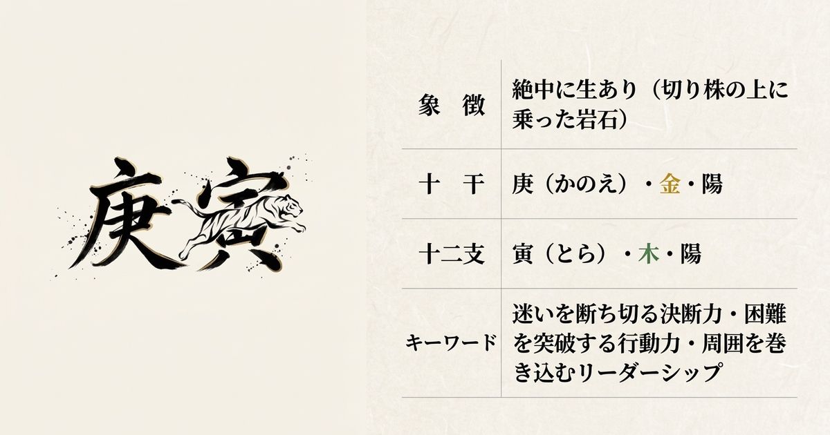 庚寅の基本情報：干支（庚寅）、読み（かのえとら）、五行（金・木）、陰陽（陽・陽）