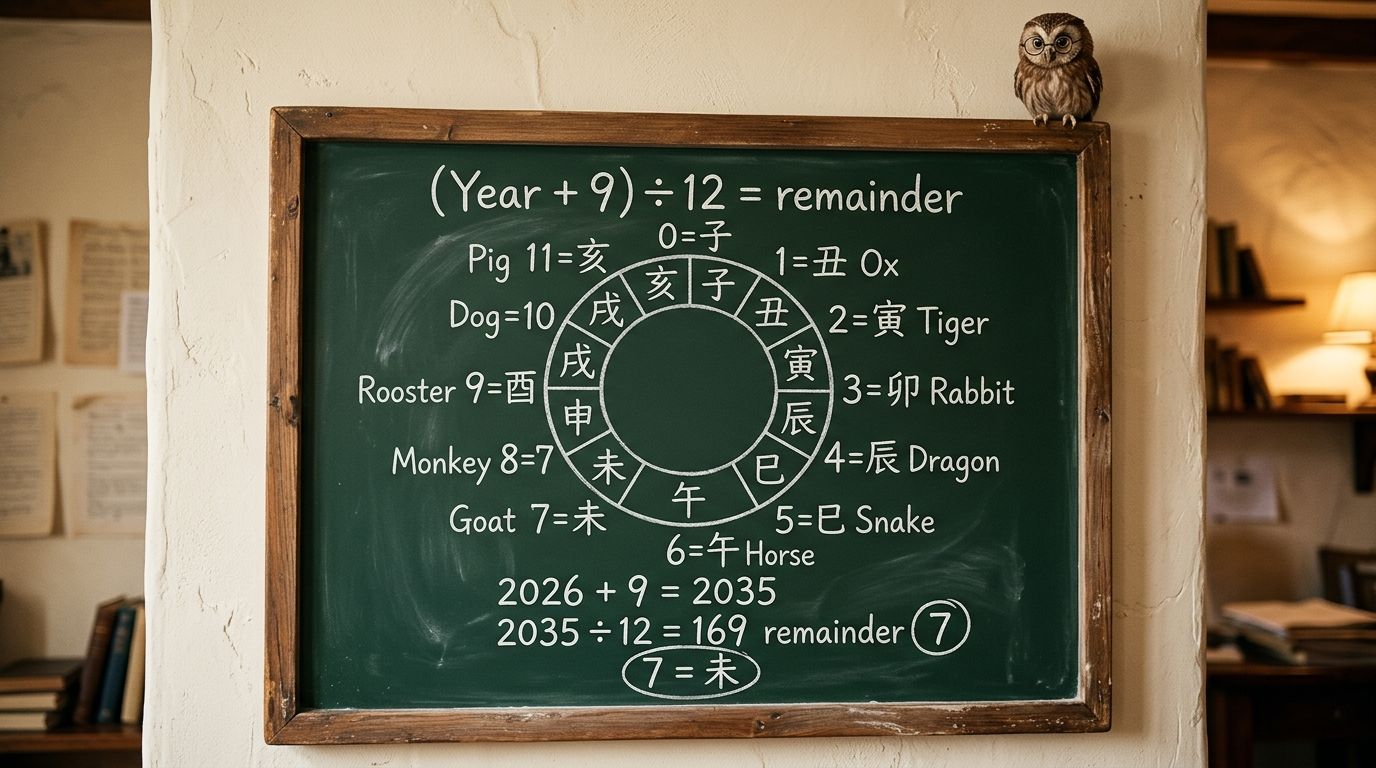 黒板で解説：(西暦+9)÷12の余りから十二支を求める計算式