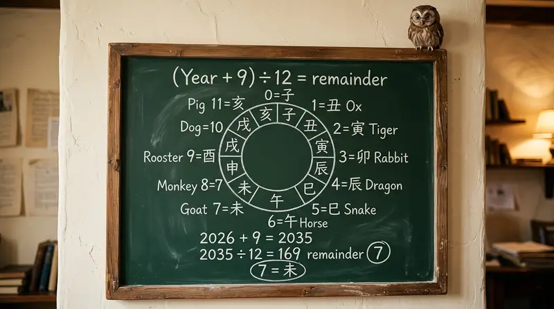 黒板で解説:(西暦+9)÷12の余りから十二支を求める計算式