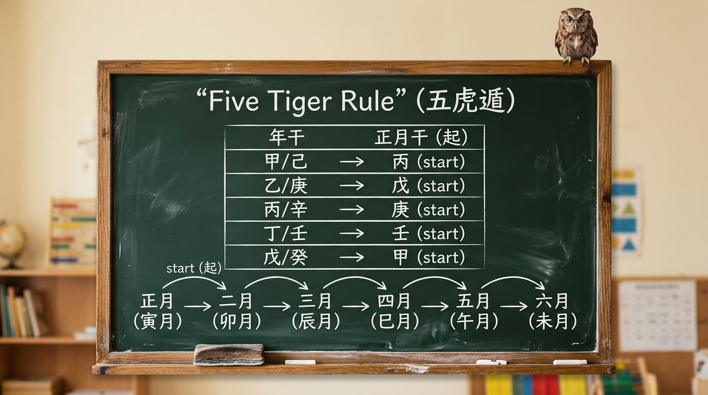 黒板で解説：五虎遁（年干から月干を求めるルール）