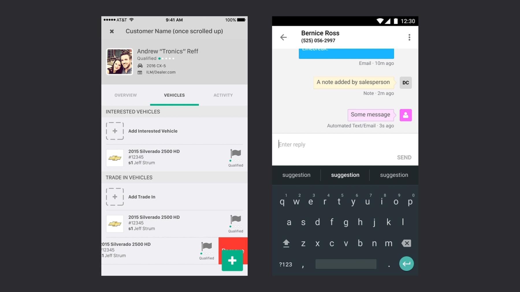 Two phone screens: the iOS customer card with its interested and trade-in vehicles, and the Android app’s conversation thread, where an email, a salesperson’s note and an automated text sit in one timeline with a reply box below.