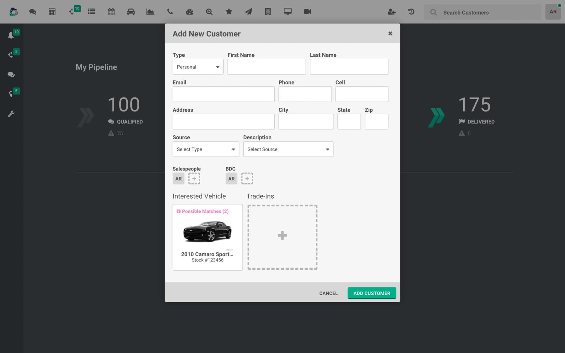 The Add New Customer dialog: name, contact and address fields, source, the salespeople assigned, an interested vehicle already matched from inventory, and a place to add a trade-in.