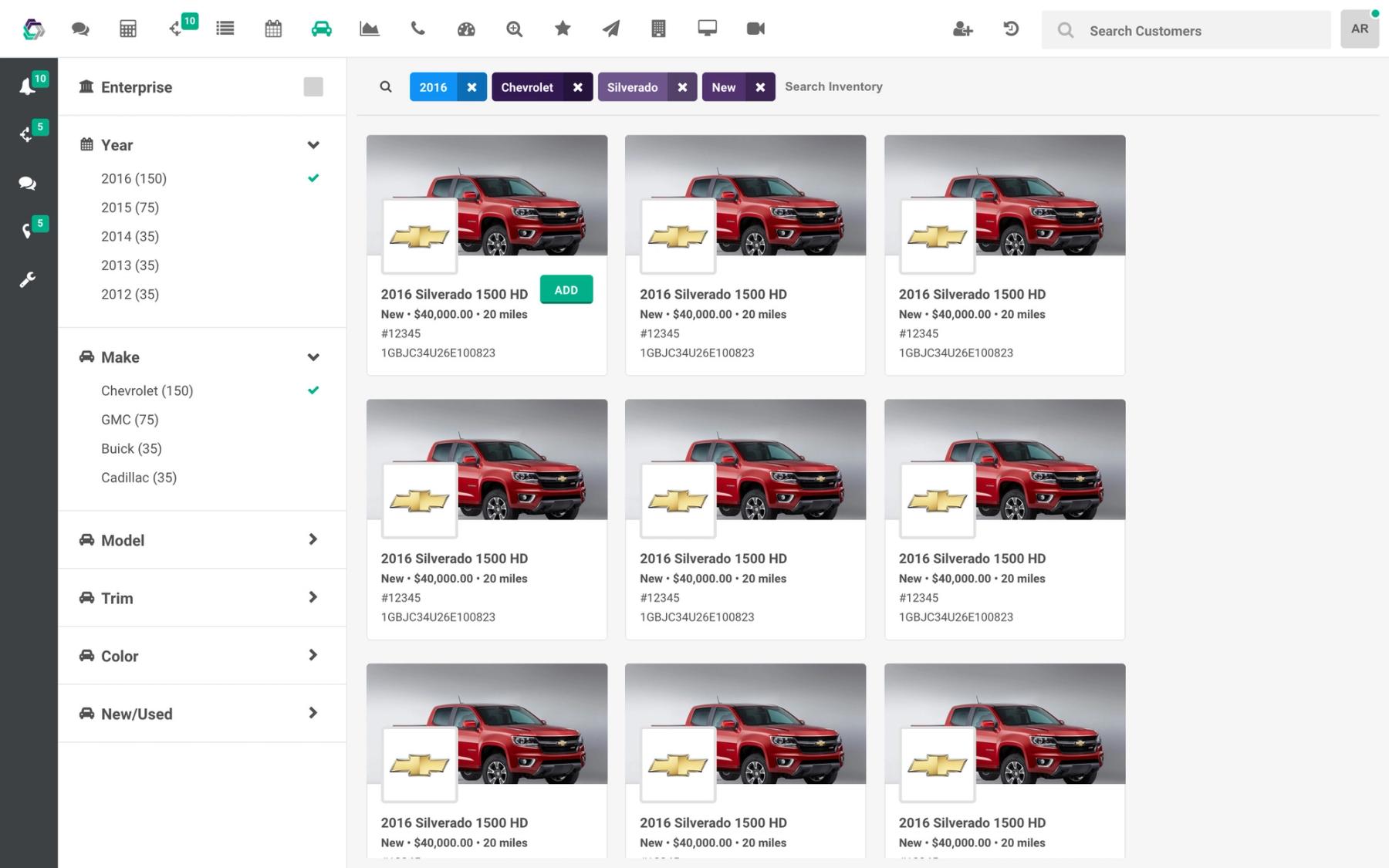 Inventory: filters for year, make, model, trim, color and new or used down the left, the active filters as chips across the top, and vehicle cards with price, mileage, stock number and VIN.