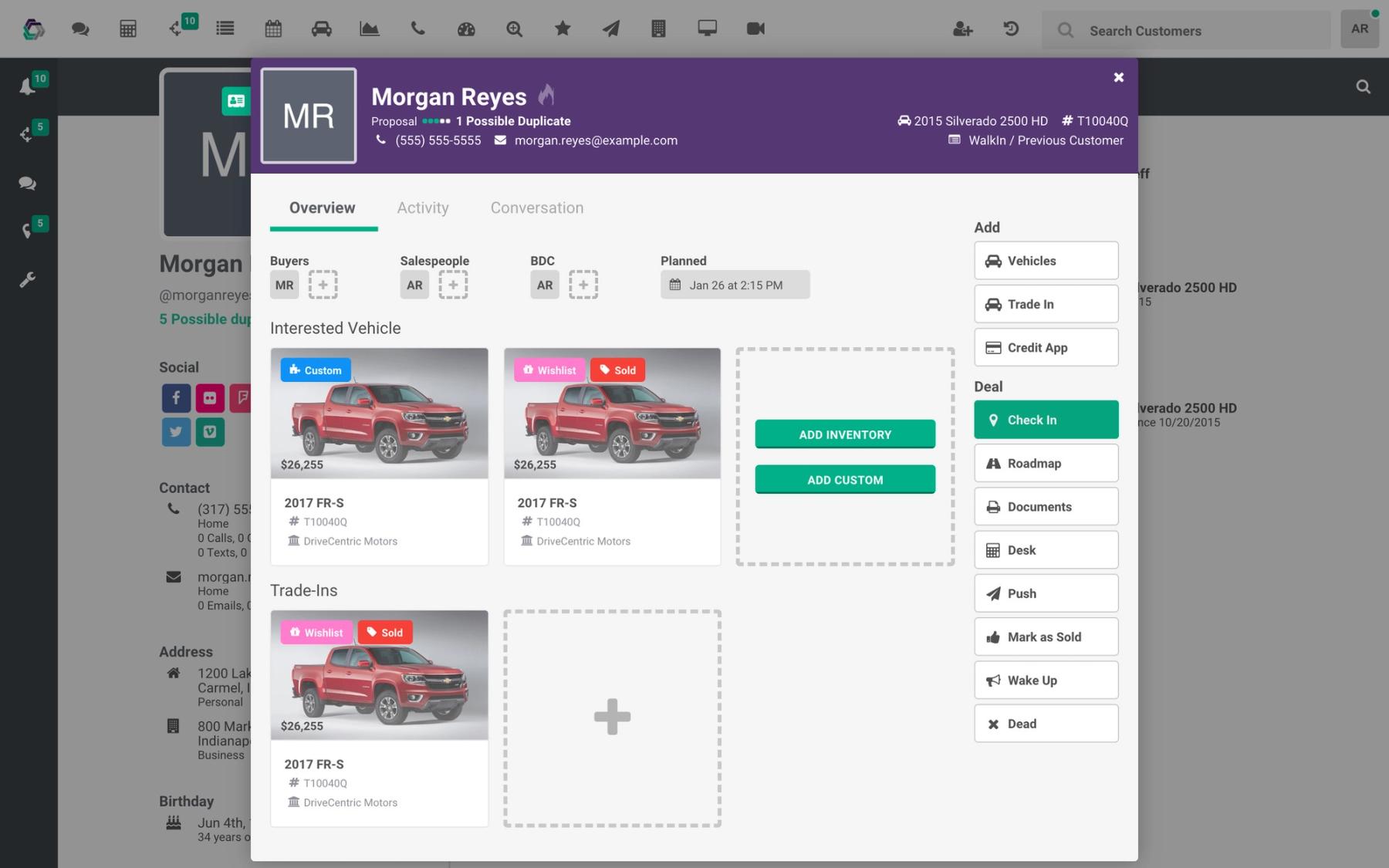 The deal card, open over a customer profile: buyers, salespeople and the planned next step across the top; the interested vehicles and trade-ins as cards; and the deal’s actions down the right, from Check In to Mark as Sold.