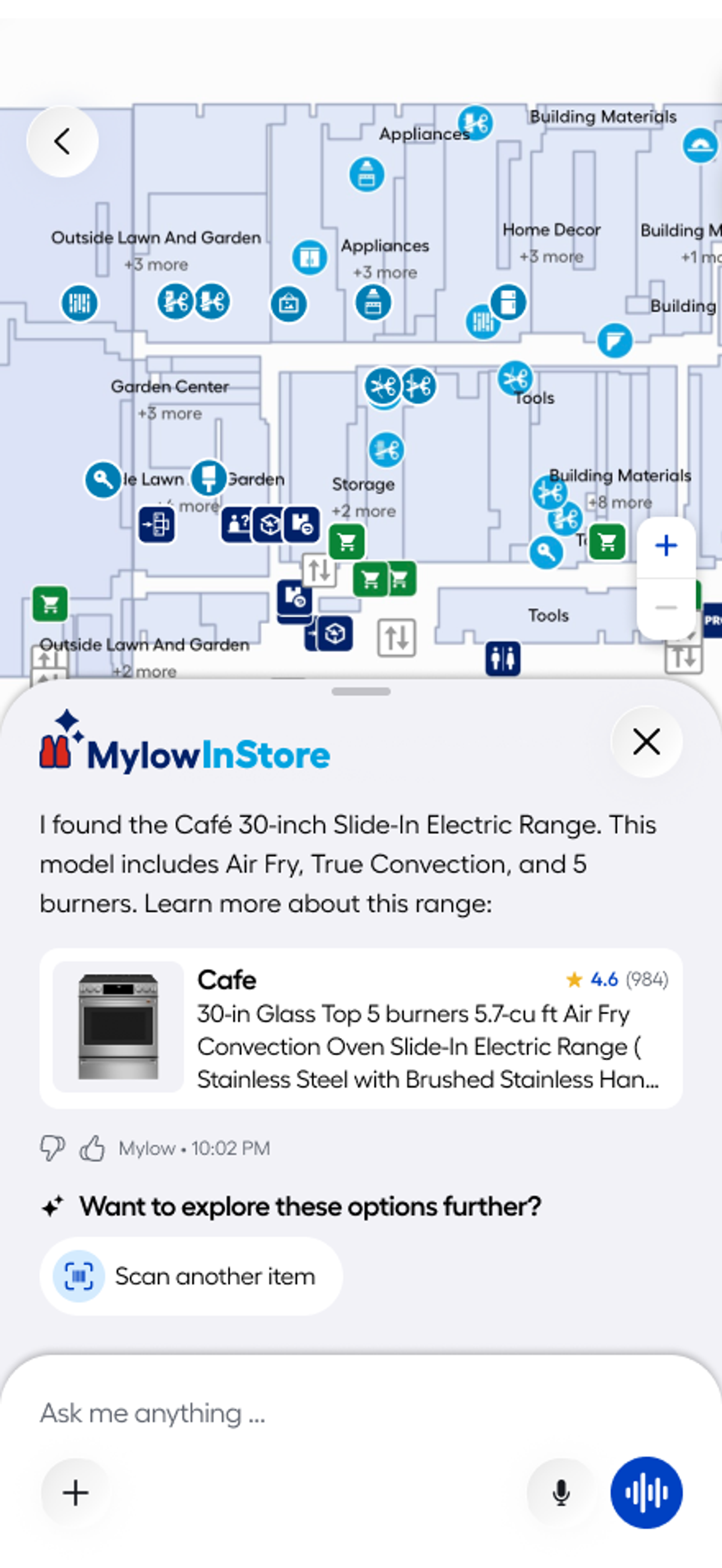Over the store map, a Mylow In Store sheet: “I found the Café 30-inch Slide-In Electric Range”, a product card with its 4.6 rating from 984 reviews, and a Scan another item button.
