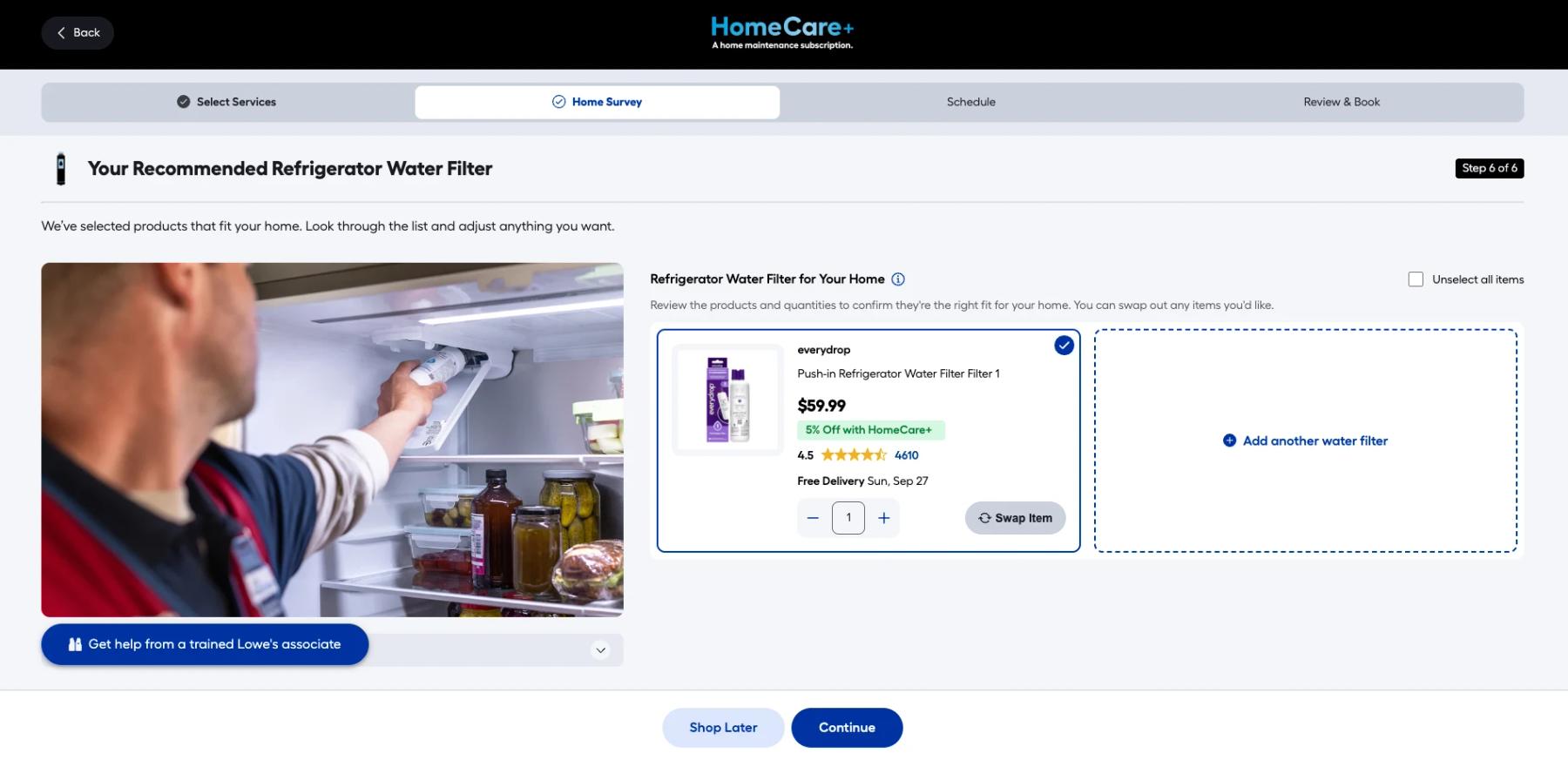 HomeCare+ recommended refrigerator water filter: one everydrop filter matched to the home, its member price, rating and delivery date, a quantity control, a Swap Item button and a slot to add another filter.