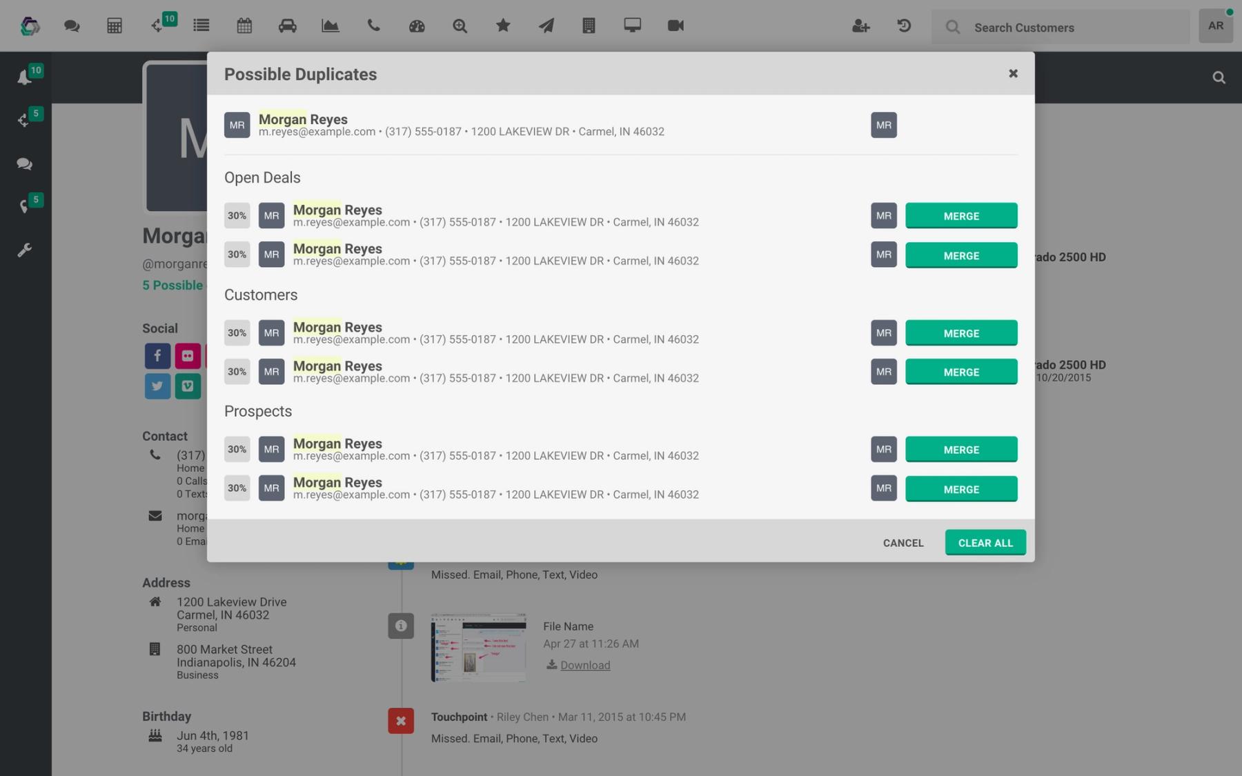 The Possible Duplicates dialog: the customer at the top, then likely matches grouped as open deals, customers and prospects, each with a match score and a Merge button.