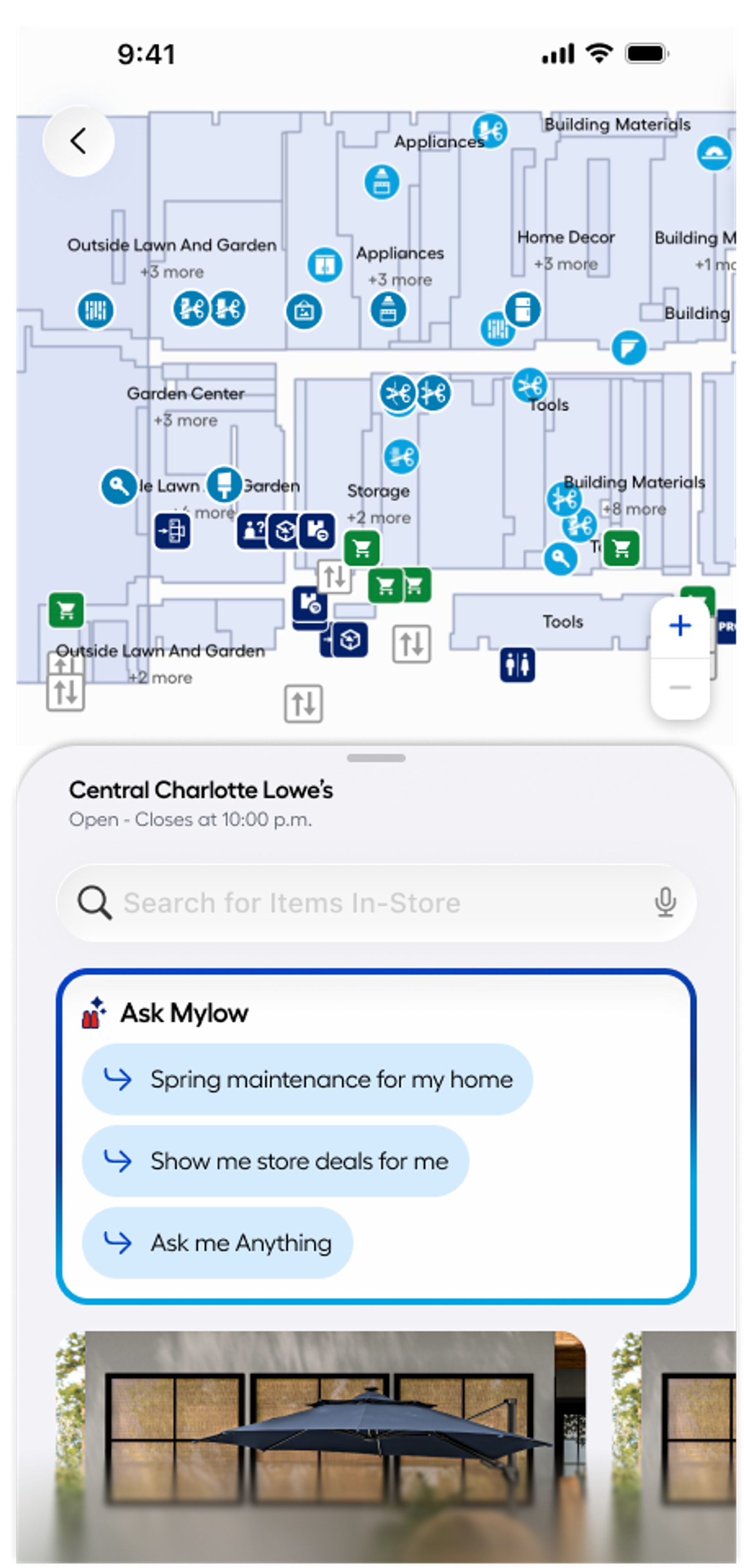 The store map of Central Charlotte Lowe’s with a search field and an Ask Mylow card offering three prompts: spring maintenance for my home, show me store deals for me, ask me anything.