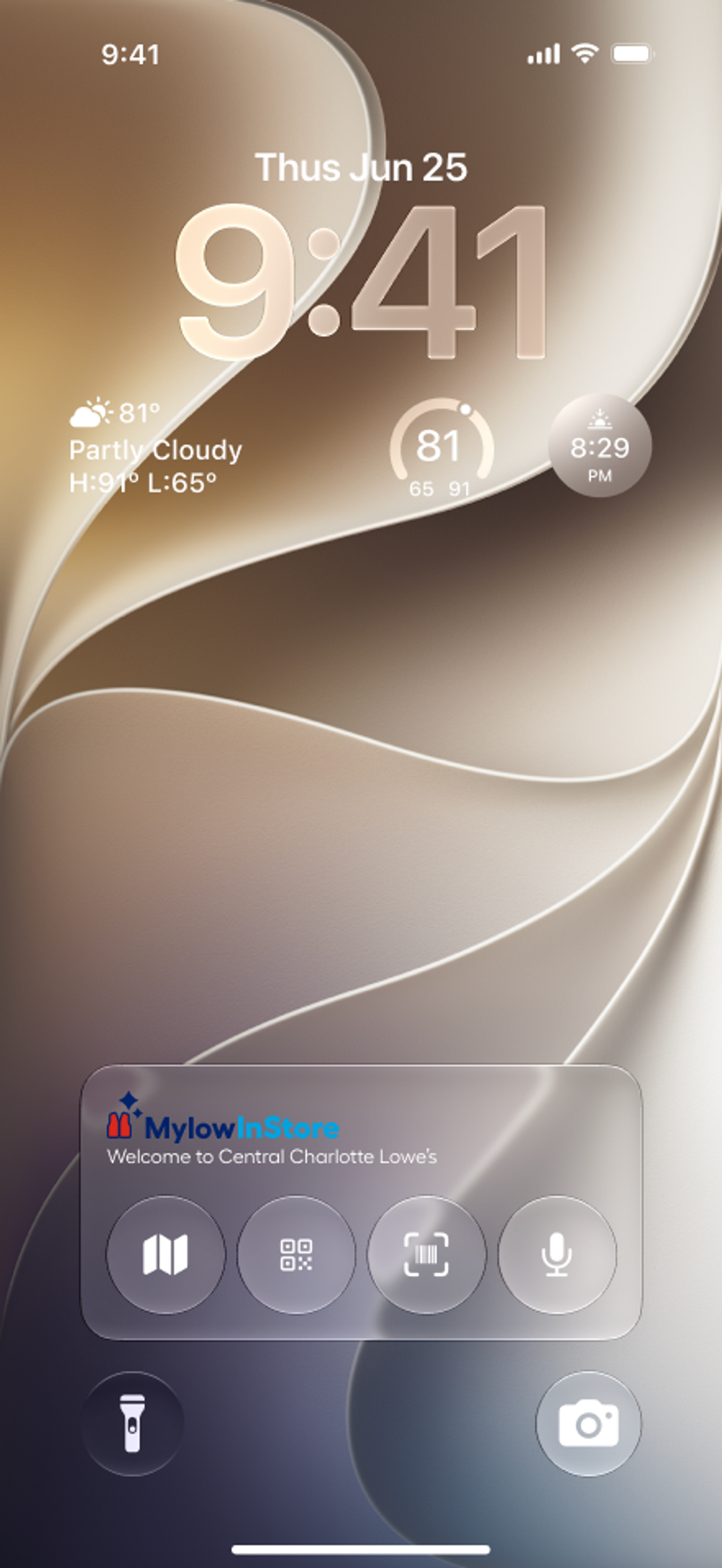 A phone lock screen with a Mylow In Store card: “Welcome to Central Charlotte Lowe’s”, and four round buttons for the map, a code, the item scanner and voice.