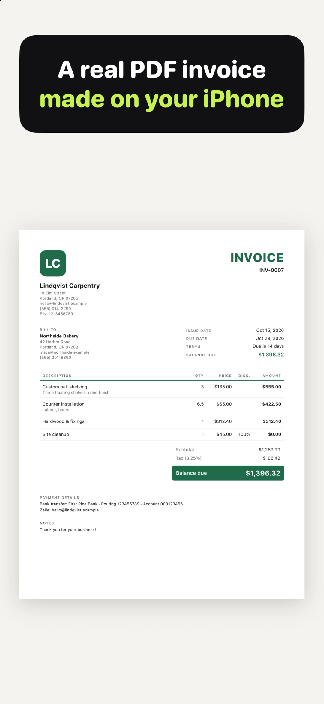 A finished invoice PDF in Invoice Cat