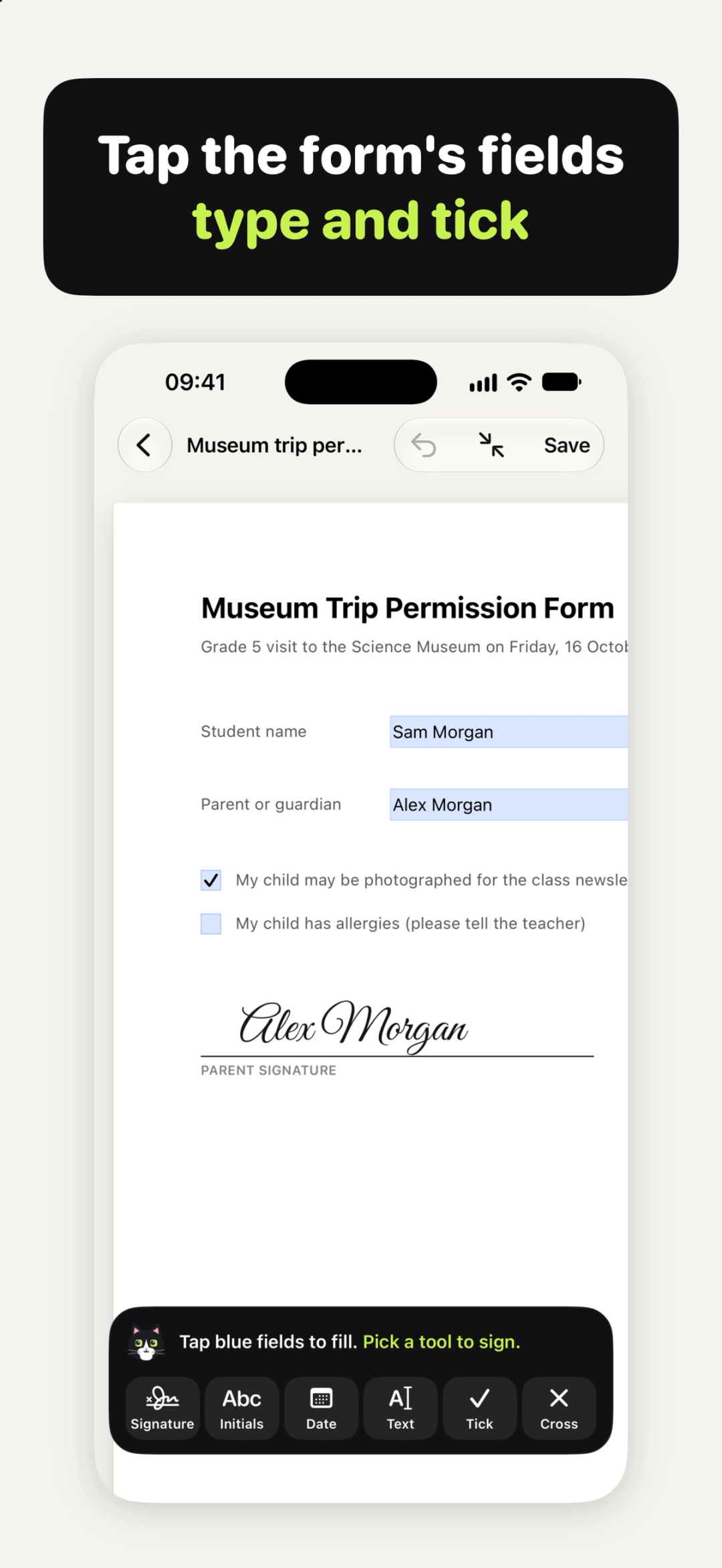 Filling in a PDF form's own fields in Sign Cat