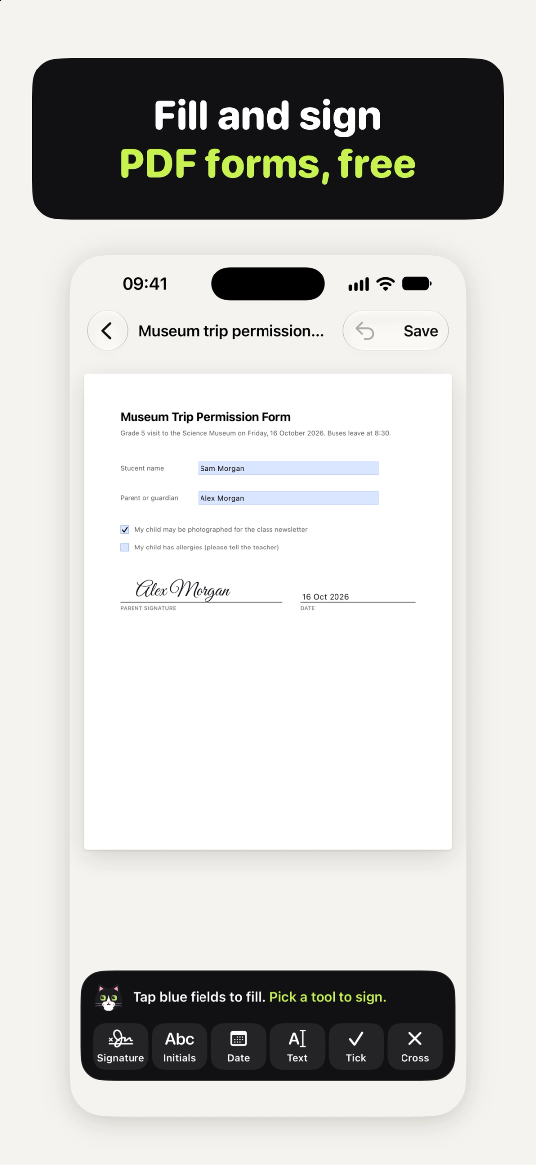A permission form filled in and signed in Sign Cat