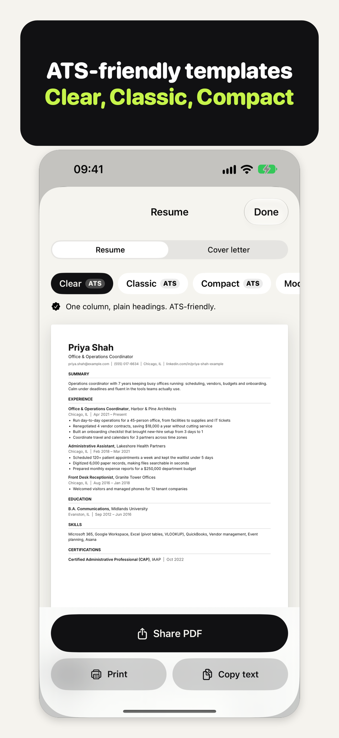 Preview in Resume Cat: Clear, Classic and Compact marked ATS, with Share PDF, Print and Copy text