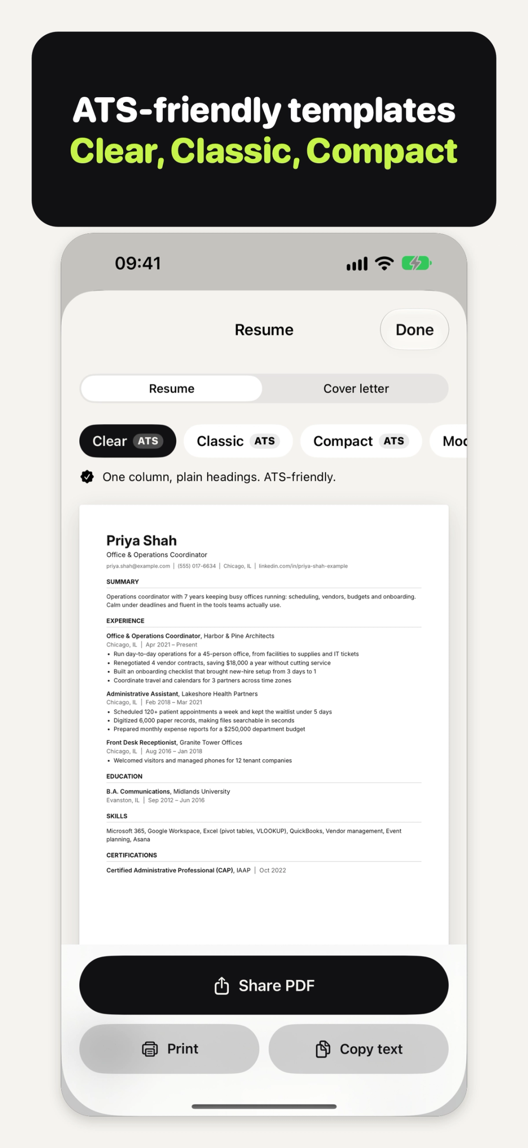 Preview in Resume Cat: Clear, Classic and Compact marked ATS, with Share PDF, Print and Copy text