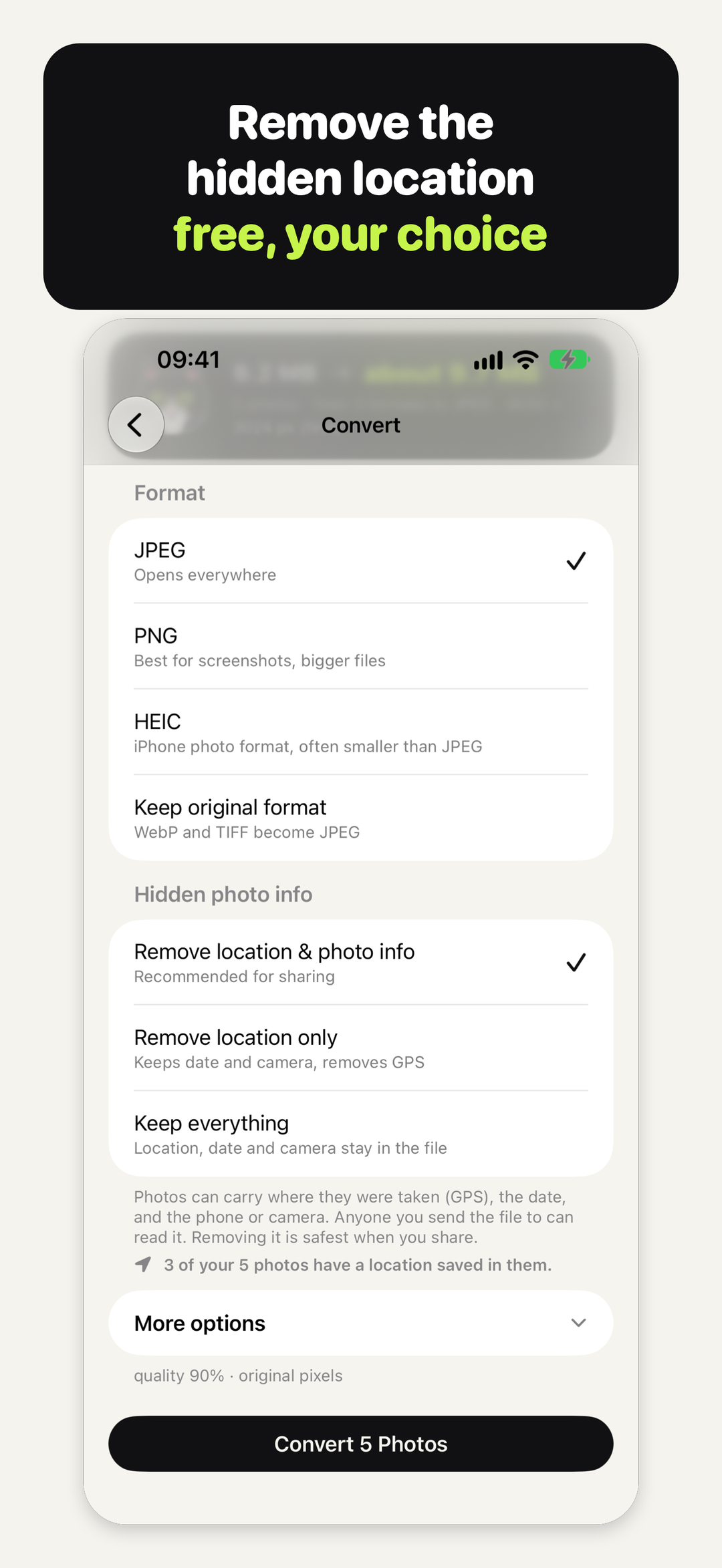 The Convert screen in Convert Cat: Format and Hidden photo info
