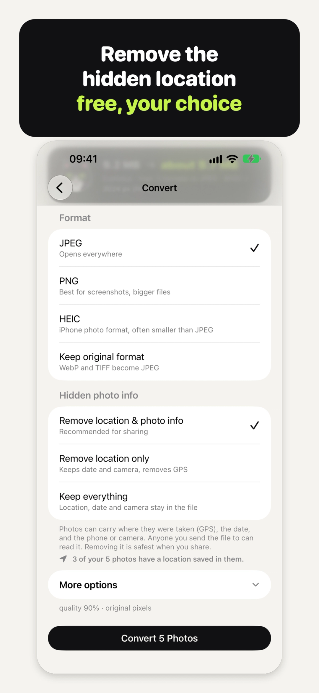 The Convert screen in Convert Cat: Format and Hidden photo info