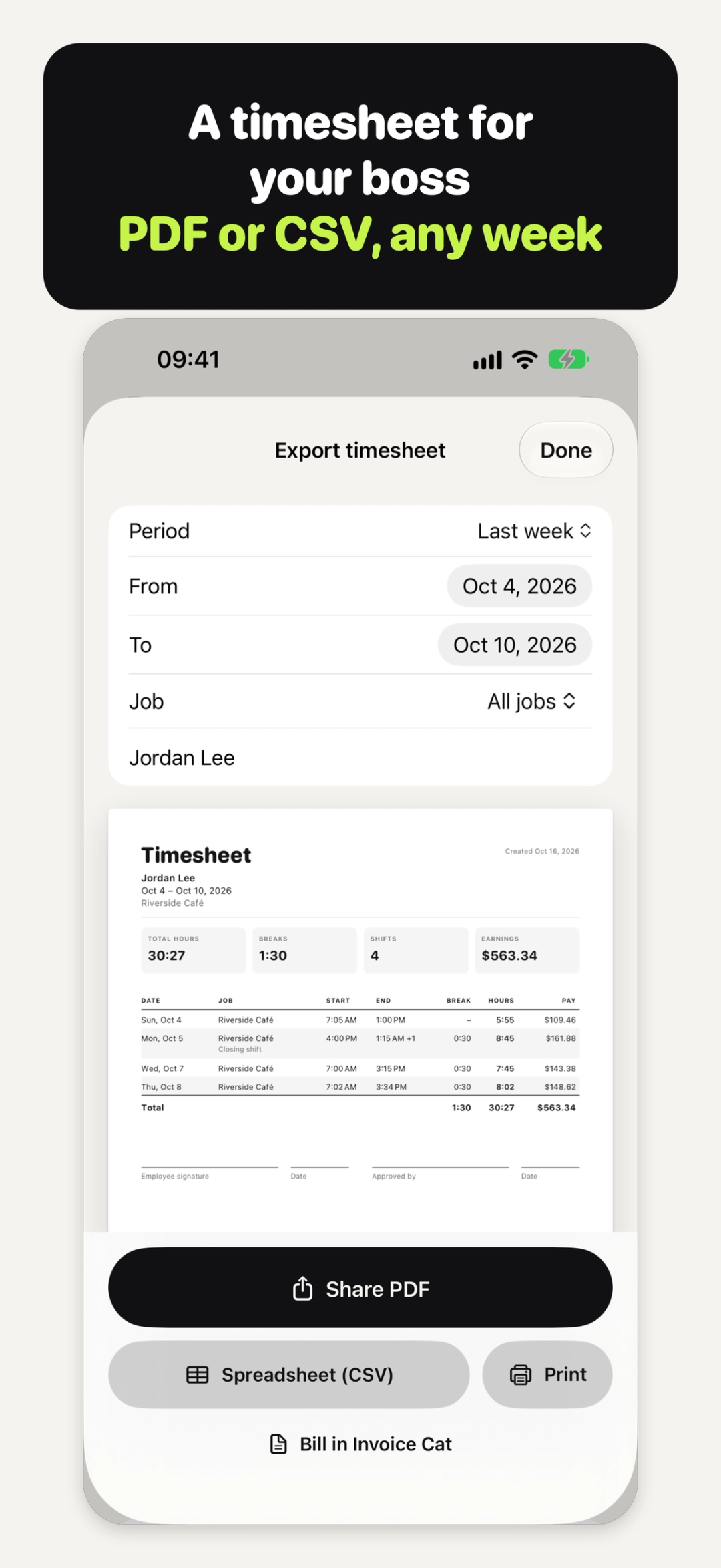A timesheet PDF ready to share in Hours Cat
