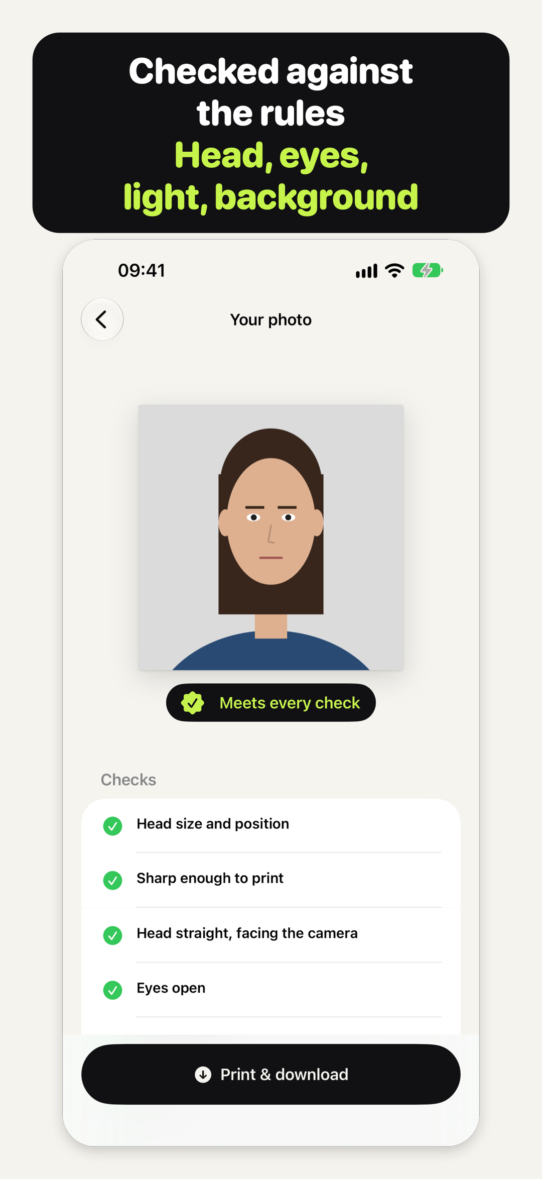 The Your photo screen in Passport Cat, with the checks for a U.S. passport photo