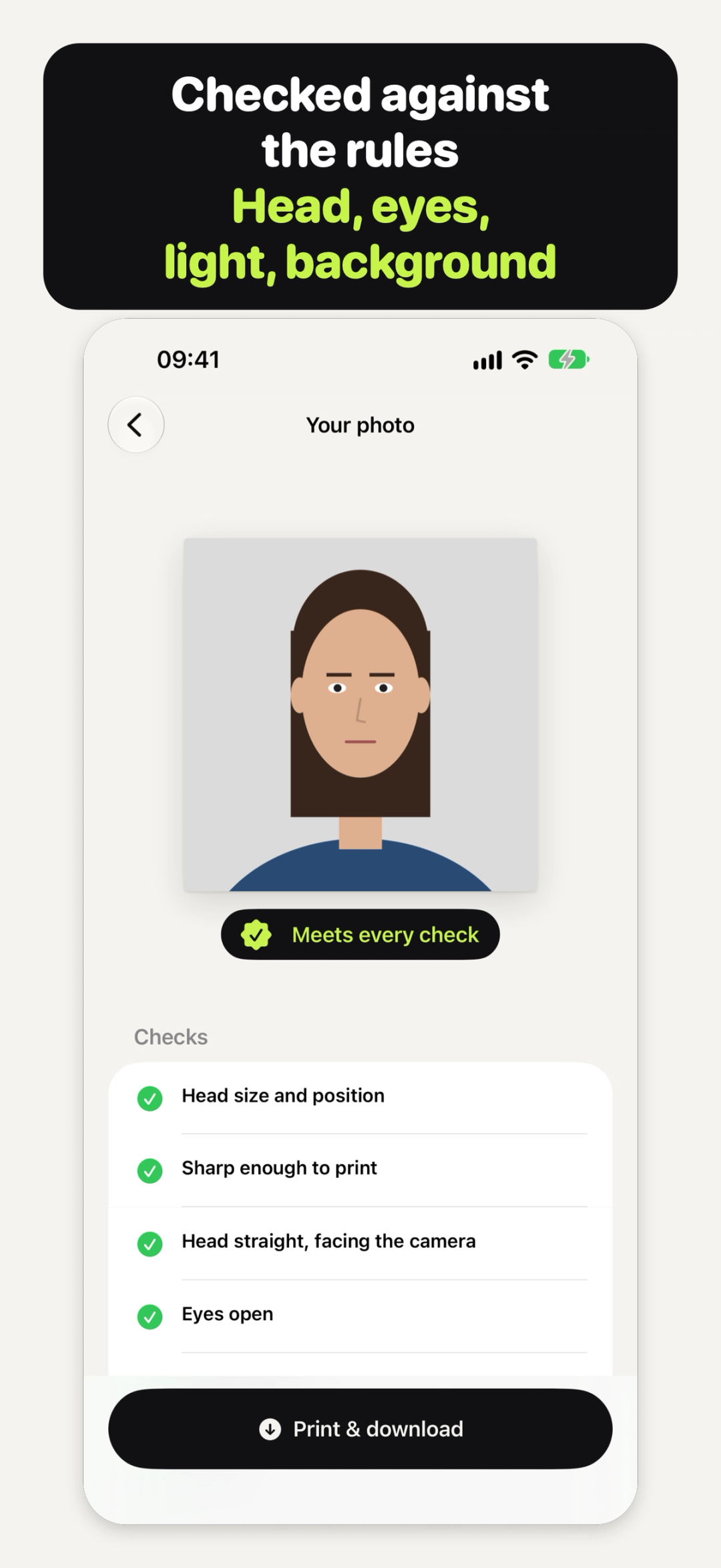 The Your photo screen in Passport Cat, with the checks for a U.S. passport photo