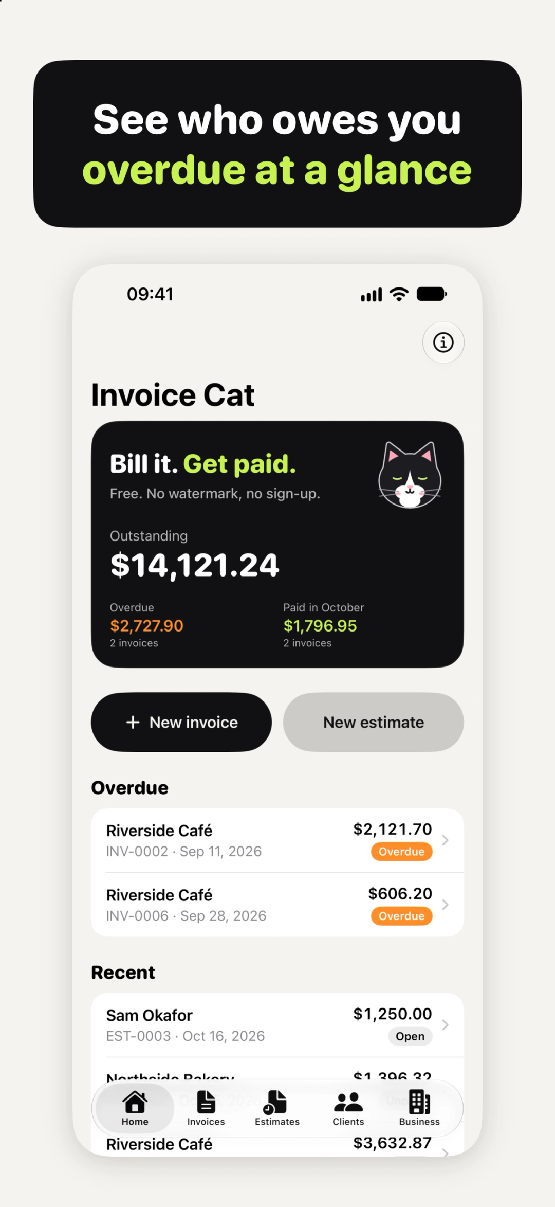 Home in Invoice Cat: owed, overdue and paid this month