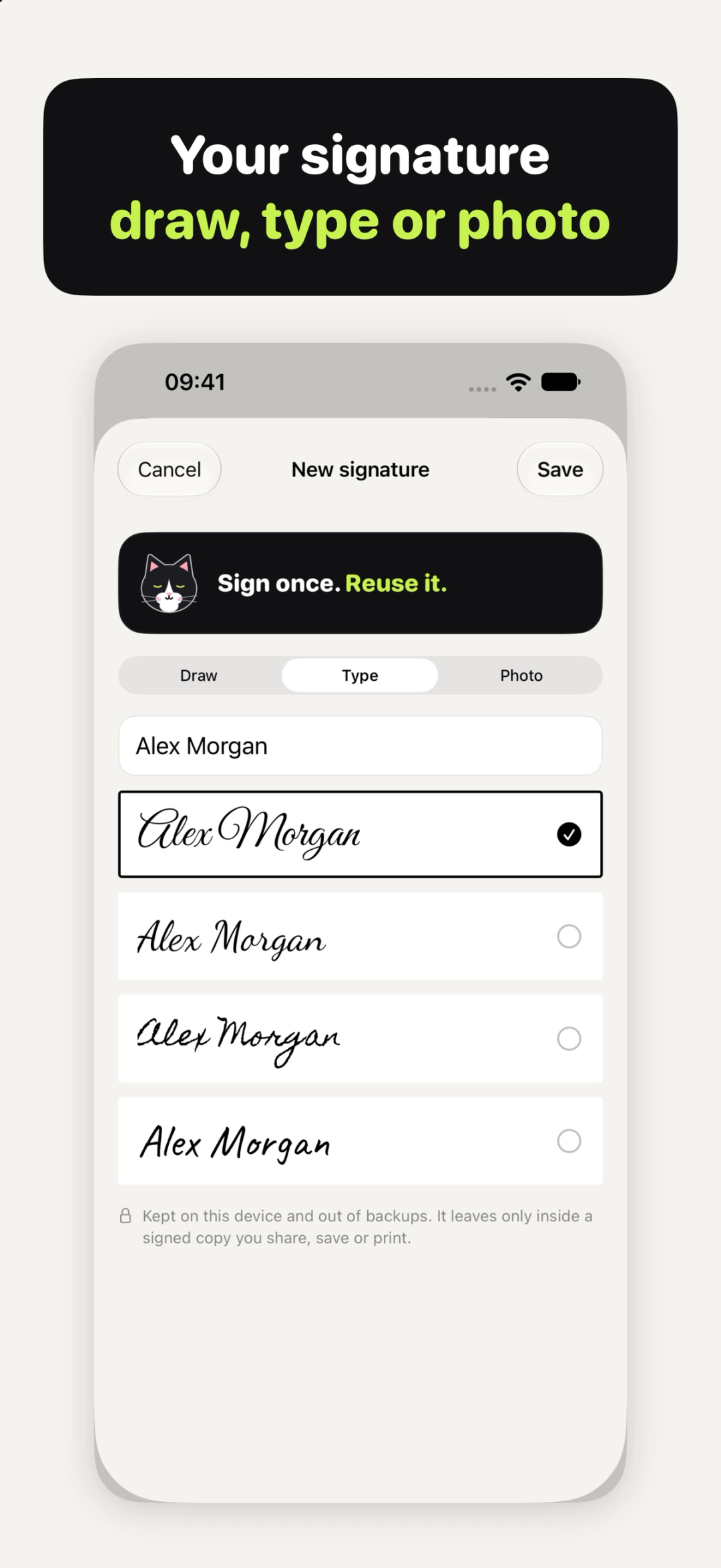Making a signature in Sign Cat: draw, type or photo