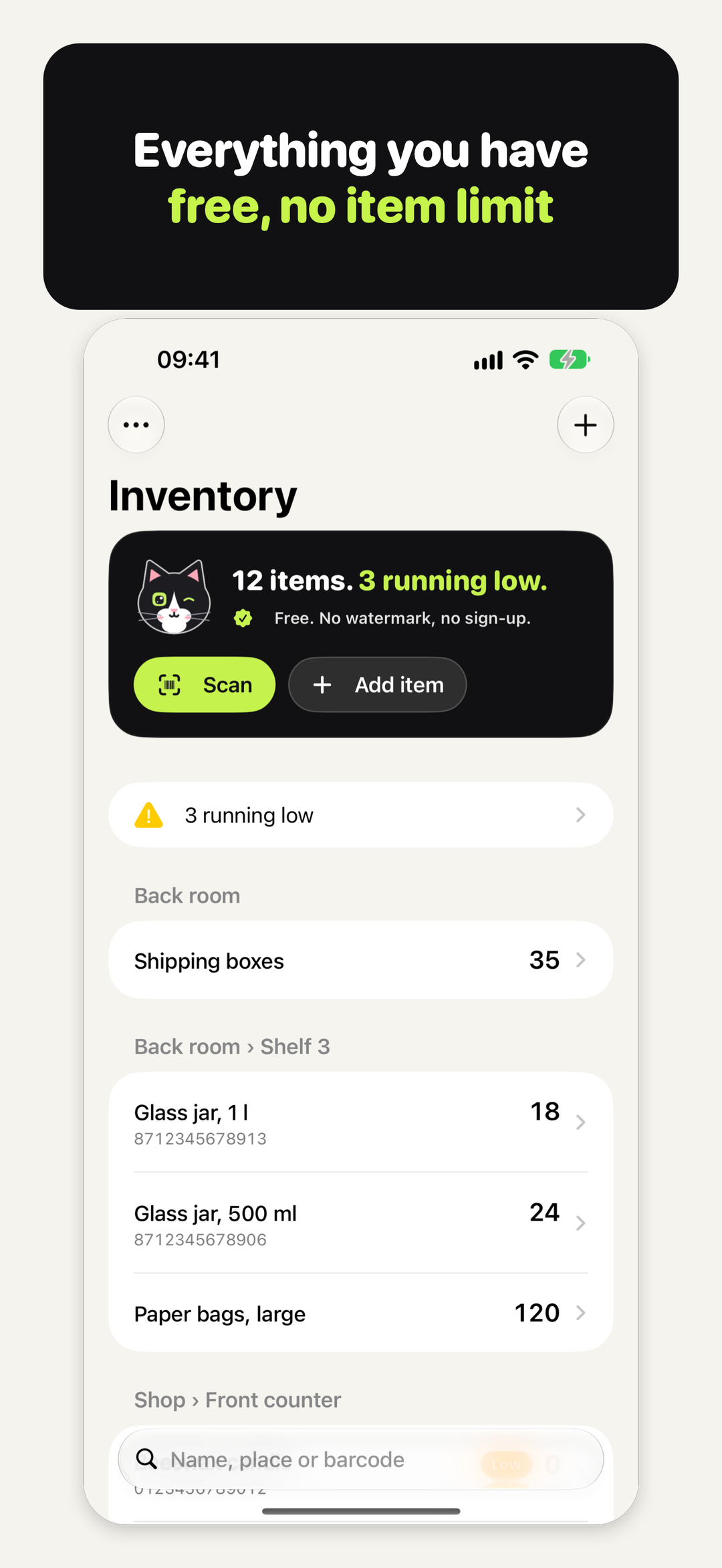 Home in Inventory Cat: every item, grouped by place