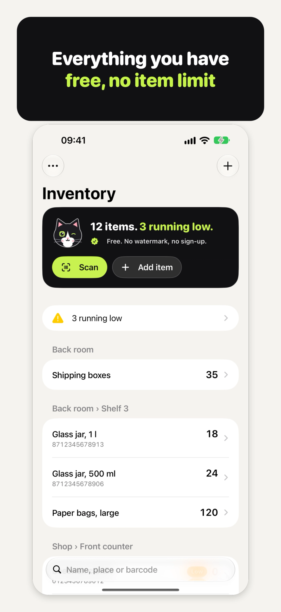 Home in Inventory Cat: every item, grouped by place