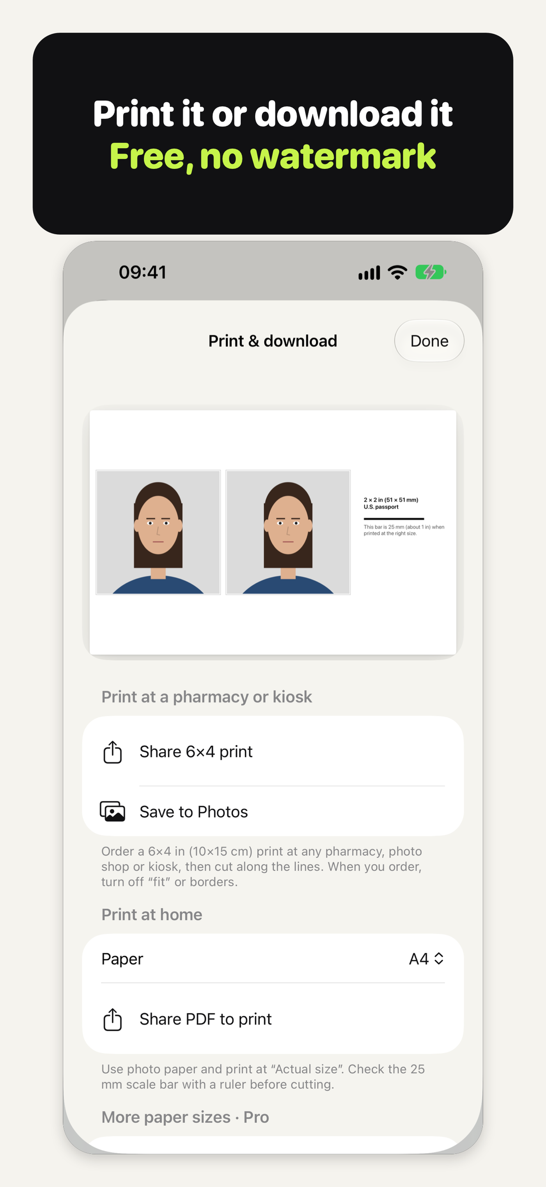 Print & download in Passport Cat: a 6×4 print, home printing and the scale bar