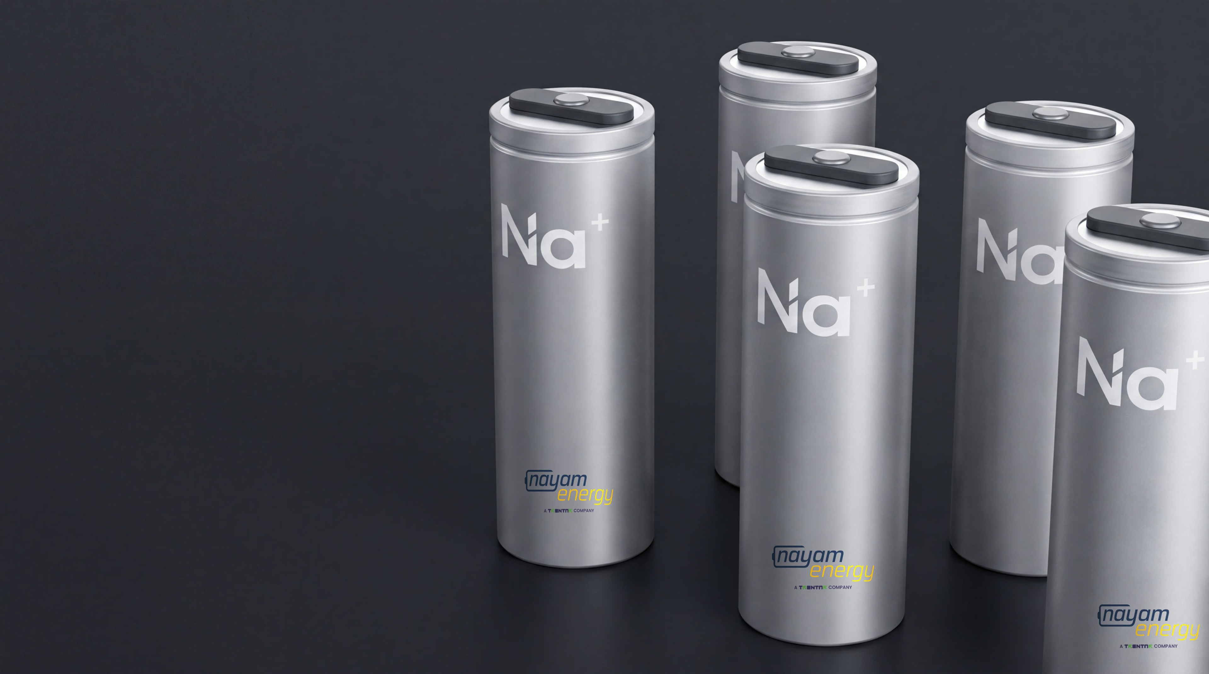 Cylindrical Nayam sodium-ion battery cells with Na+ marking and Nayam Energy branding, studio product shot
