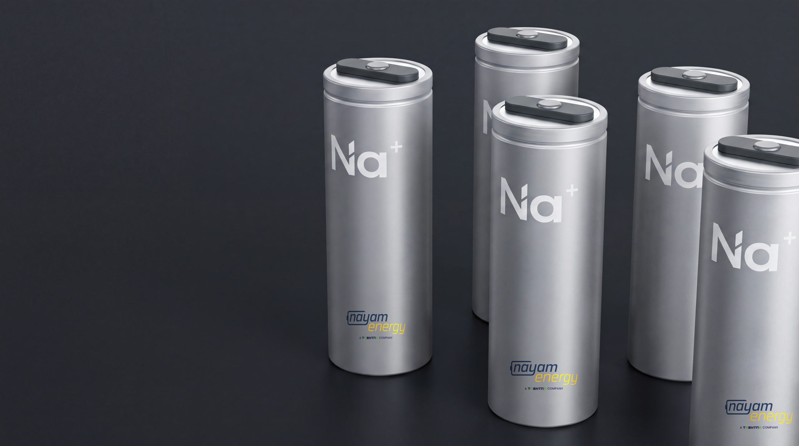 Cylindrical Nayam sodium-ion battery cells with Na+ marking and Nayam Energy branding, studio product shot
