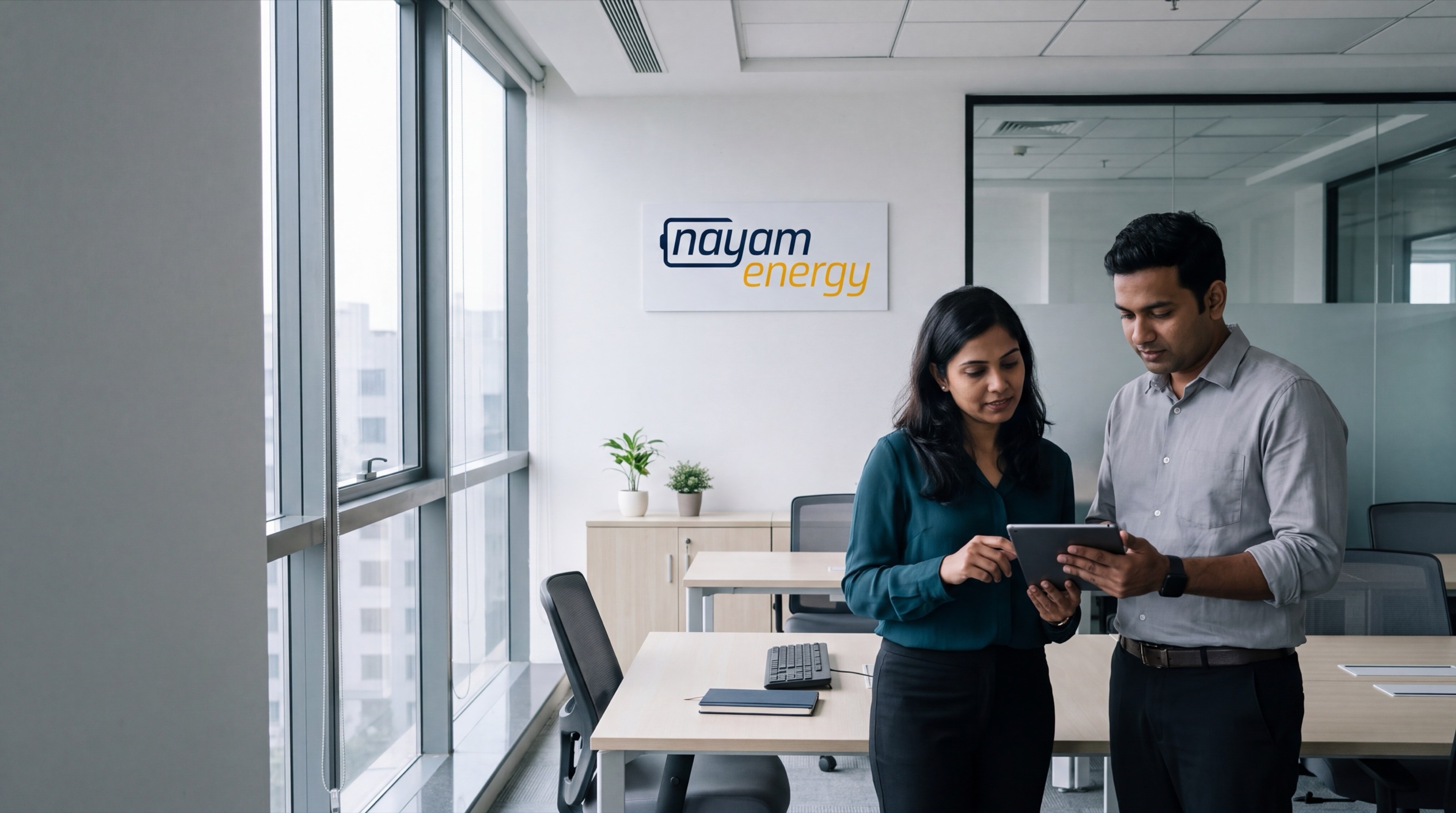 Two Nayam Energy colleagues reviewing work on a tablet in the office