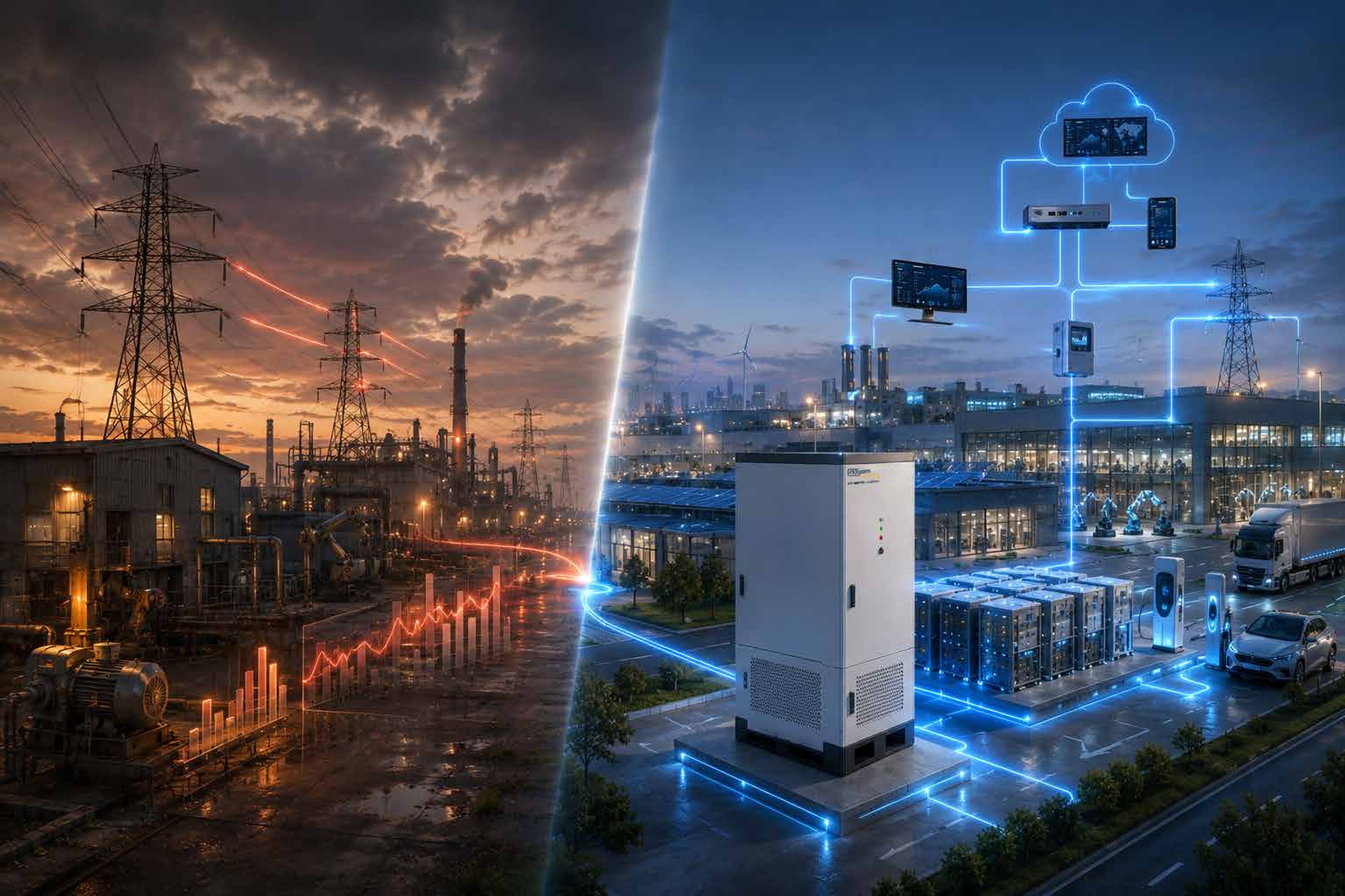 High-voltage grid infrastructure at dusk