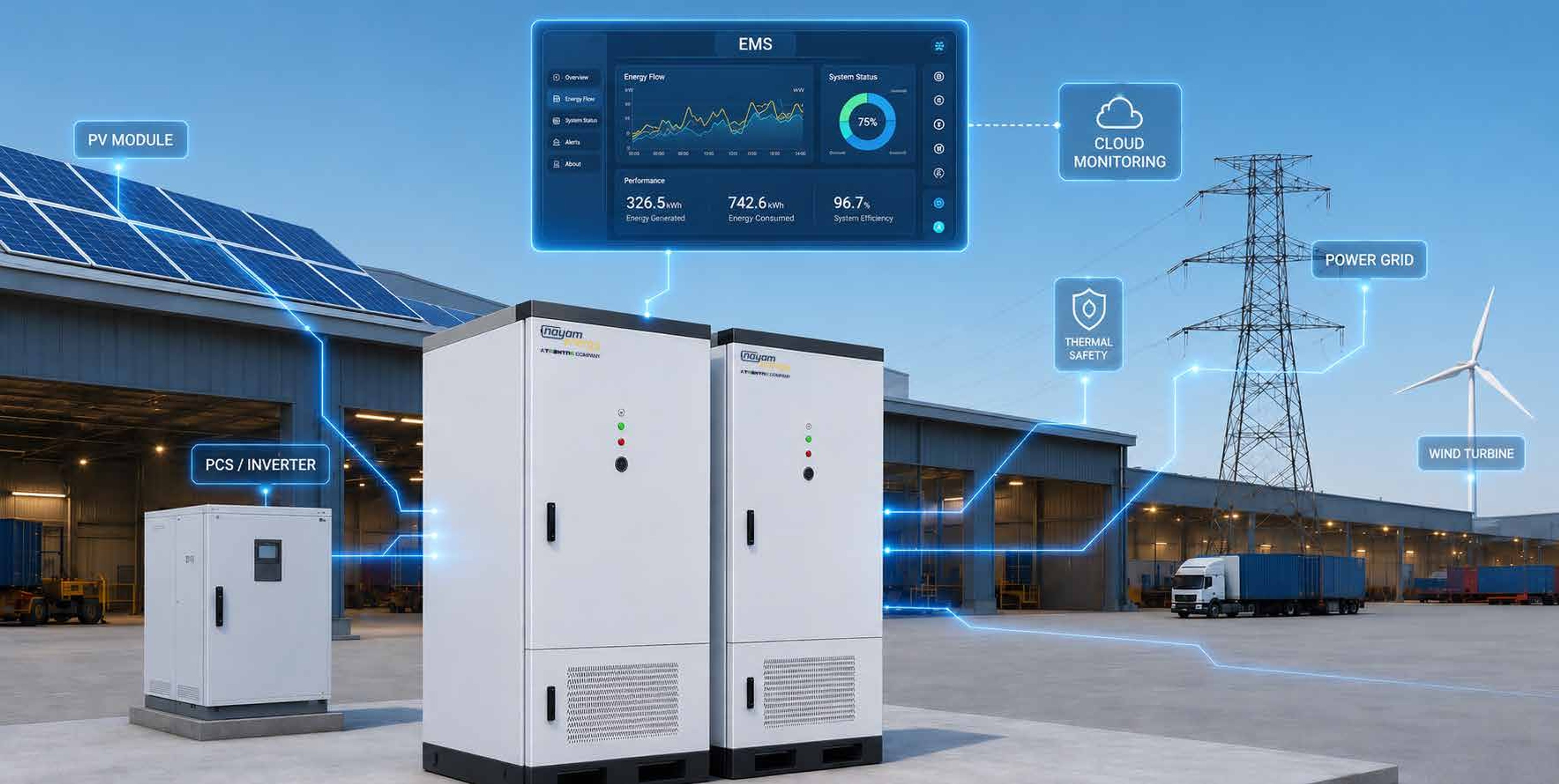 Two Nayam Energy C&I battery cabinets with EMS dashboard at an industrial site