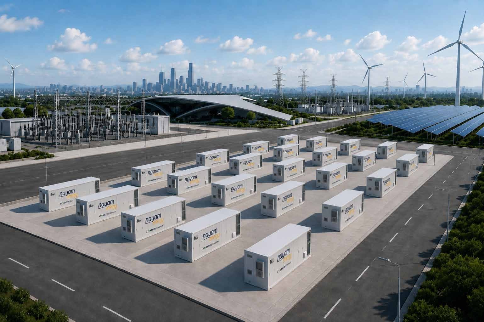 Aerial view of a Nayam Energy utility-scale battery storage container farm