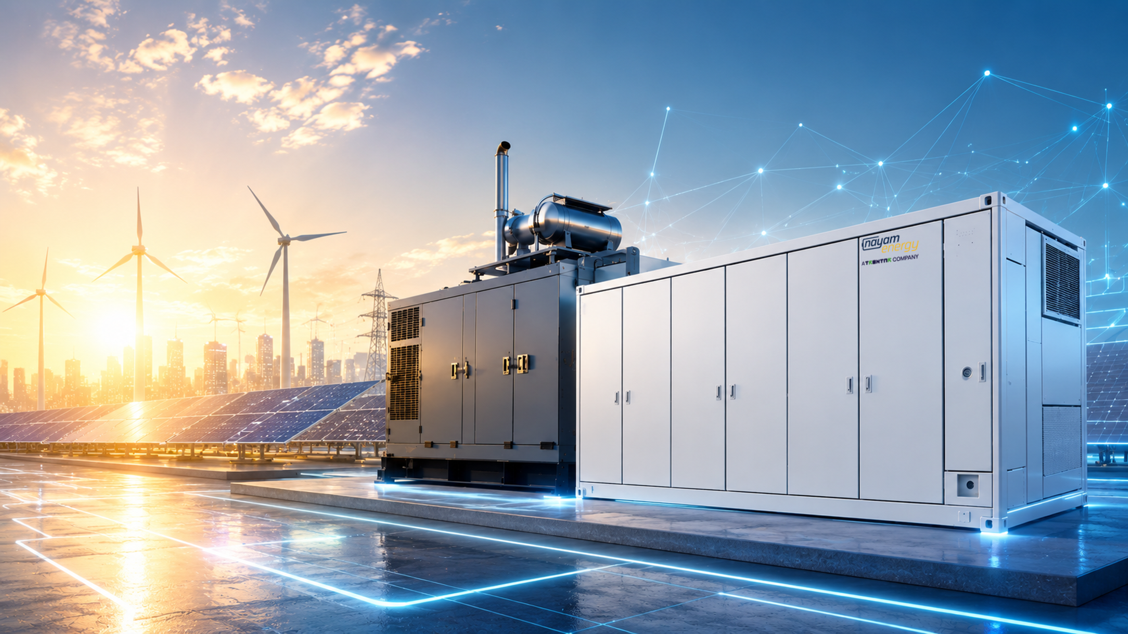 Hybrid diesel generator and battery energy storage system at sunset