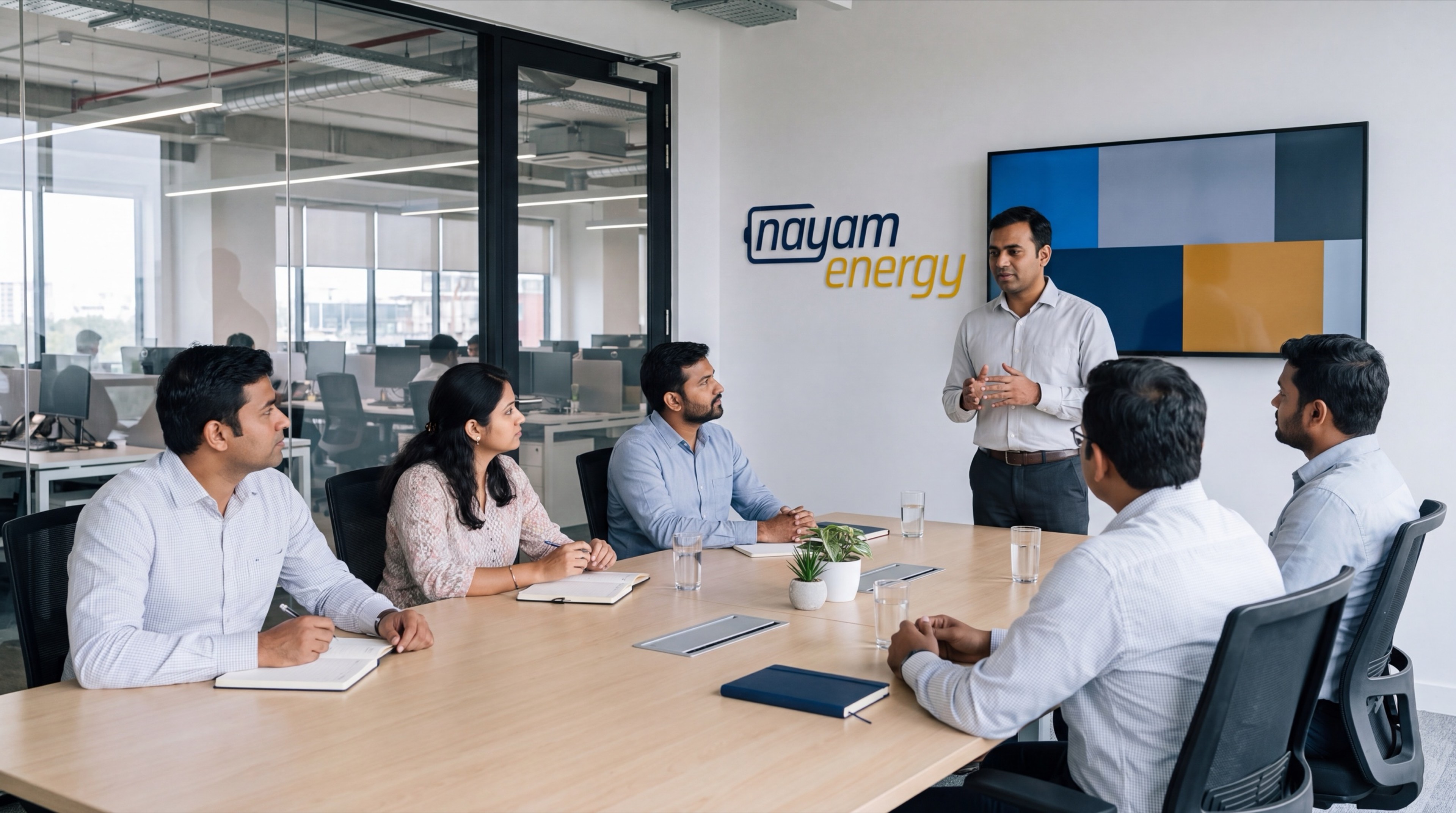 Nayam Energy team meeting reviewing performance data on a screen