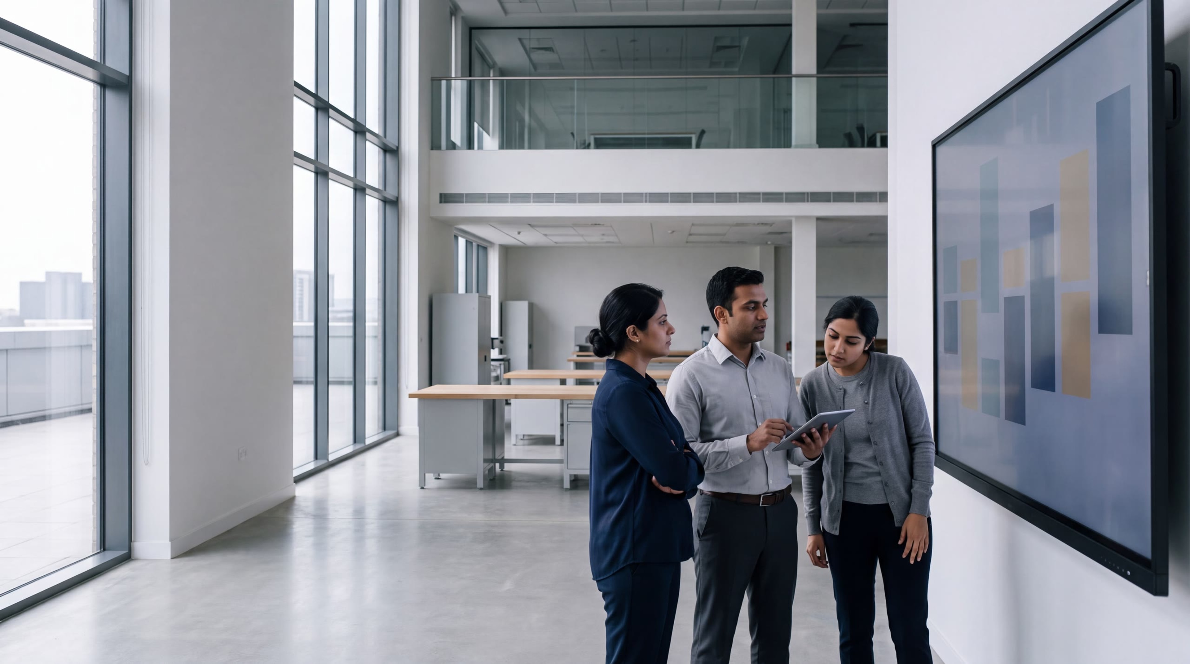 Colleagues at a Trentar Group technology centre reviewing data on a large display