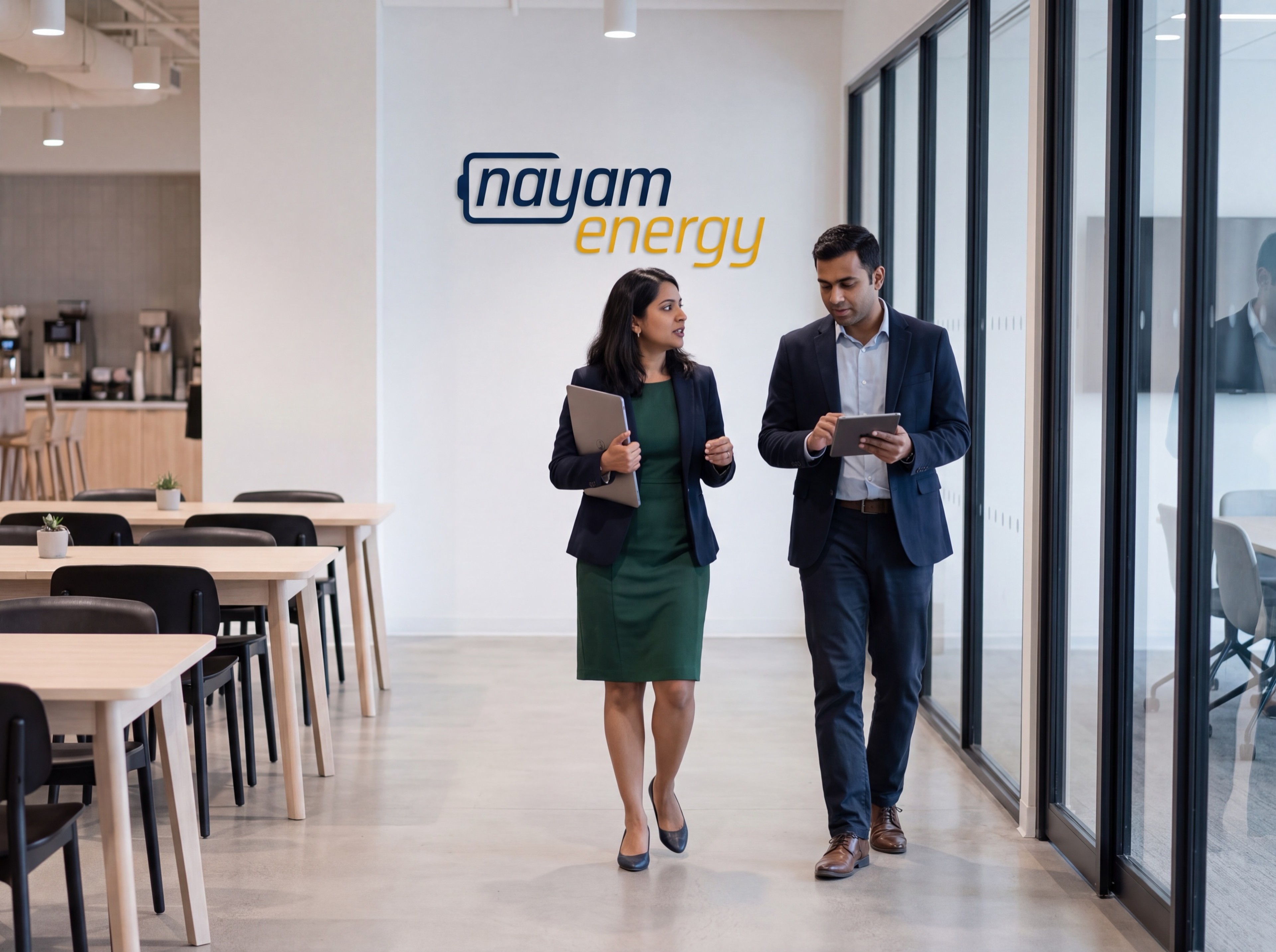 Two Nayam Energy colleagues walking through the office while talking