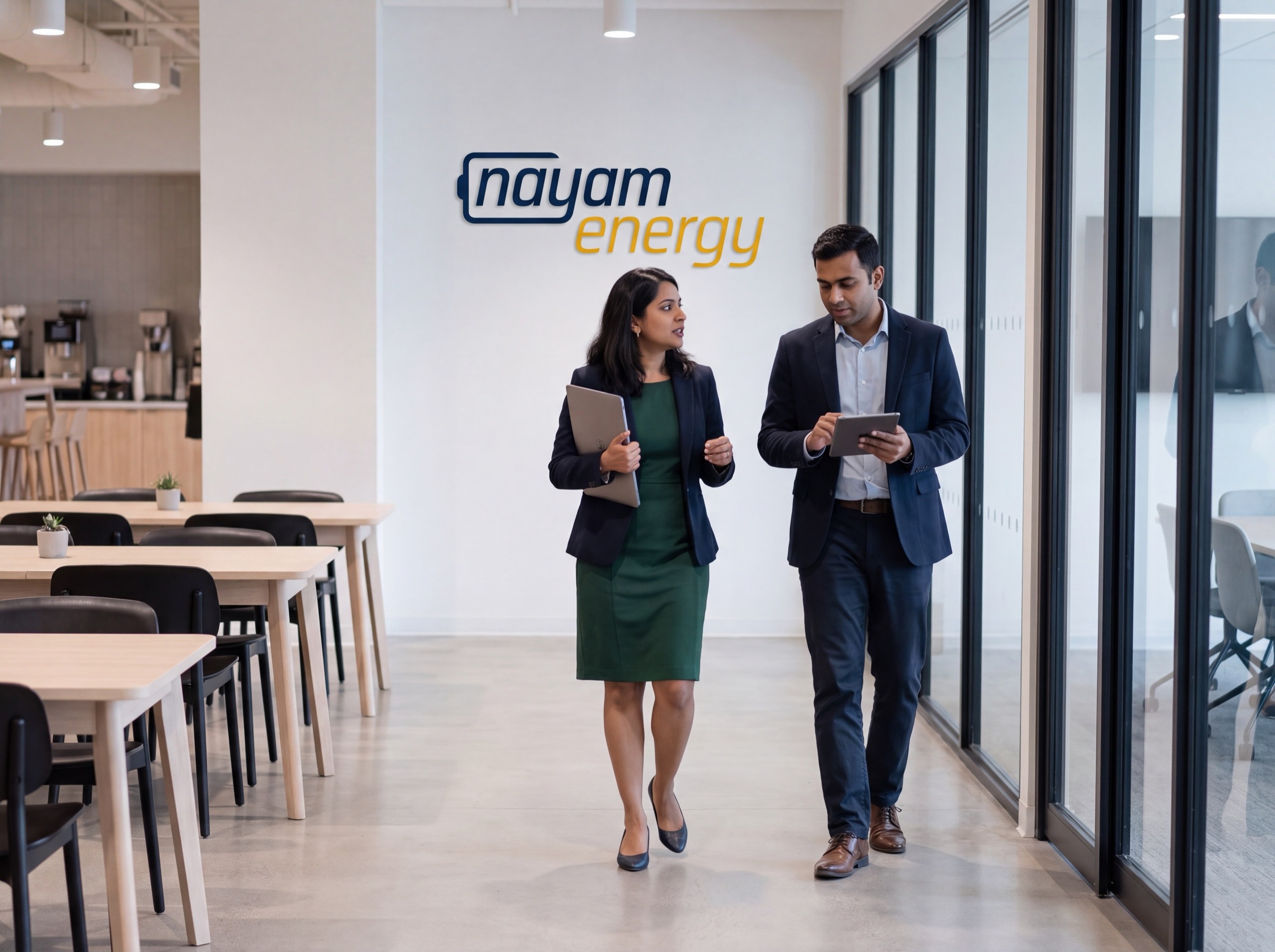 Two Nayam Energy colleagues walking through the office while talking