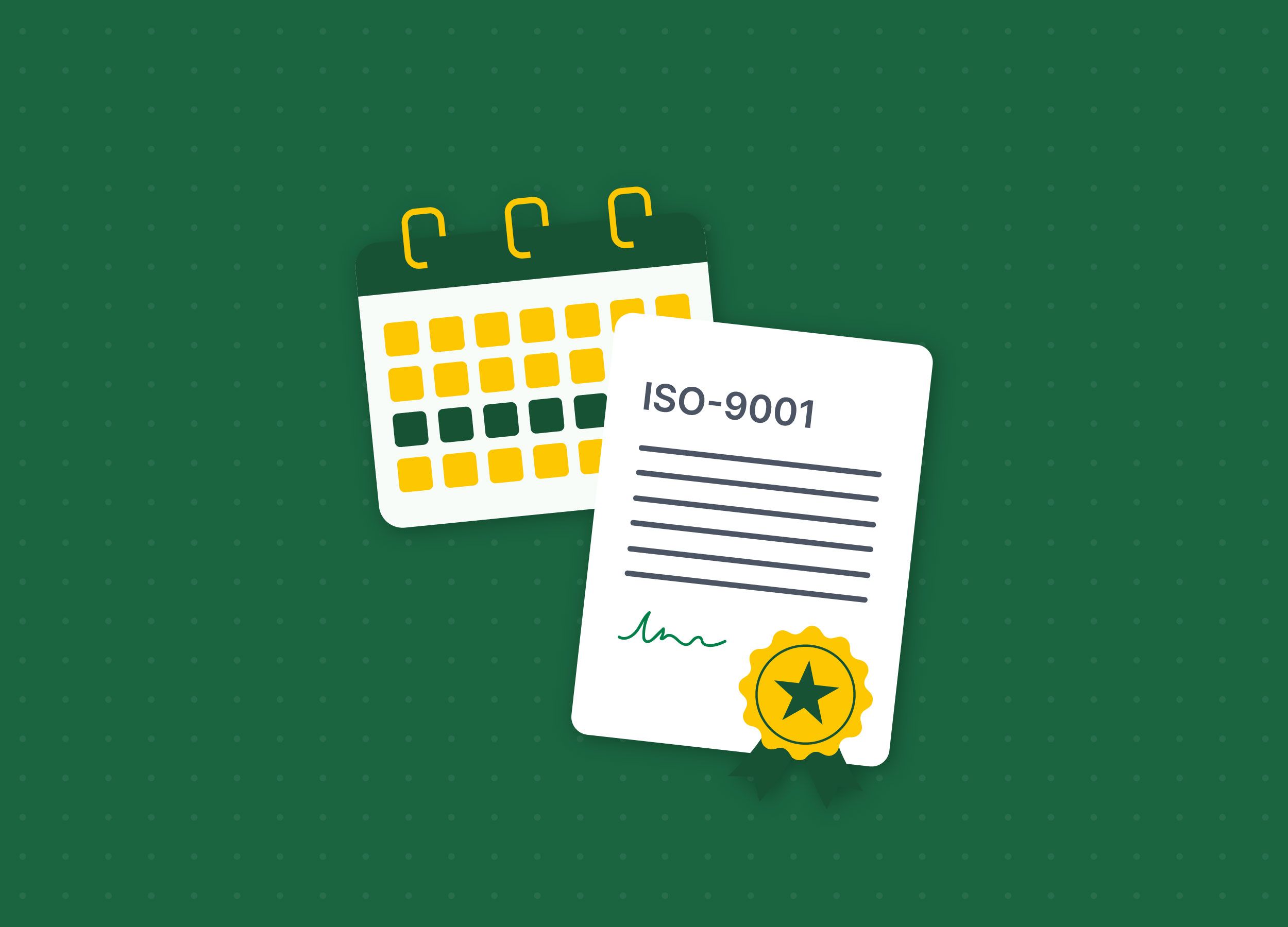 Illustration eines Kalenders kombiniert mit einem ISO-9001-Zertifikat auf grünem Untergrund | BetterCert