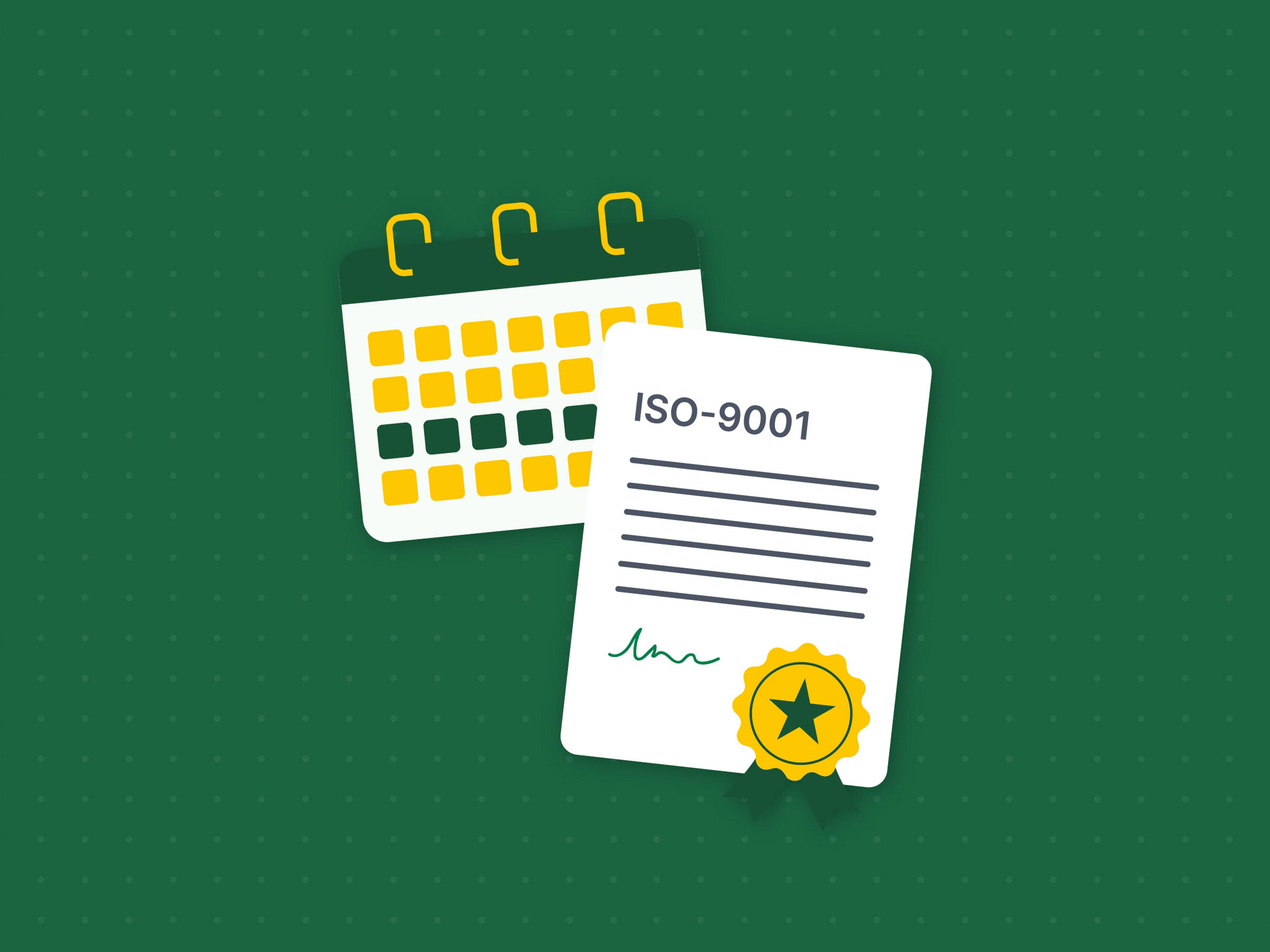 Illustration eines Kalenders kombiniert mit einem ISO-9001-Zertifikat auf grünem Untergrund | BetterCert