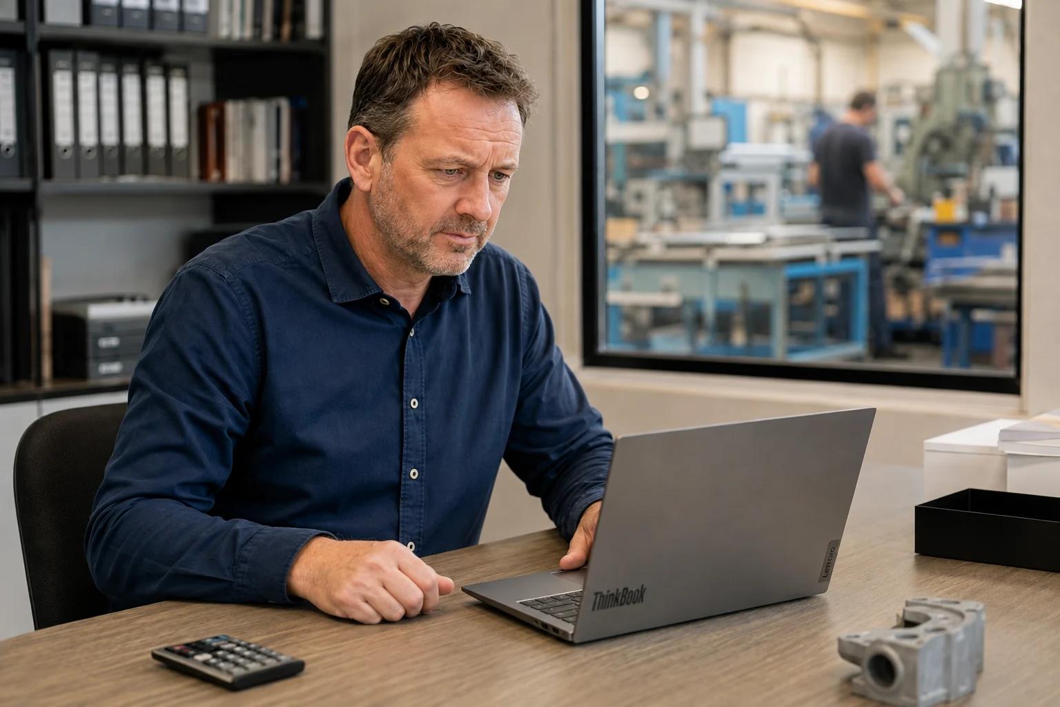 Geschäftsführer prüft QM-Unterlagen am Laptop, im Hintergrund die Fertigung