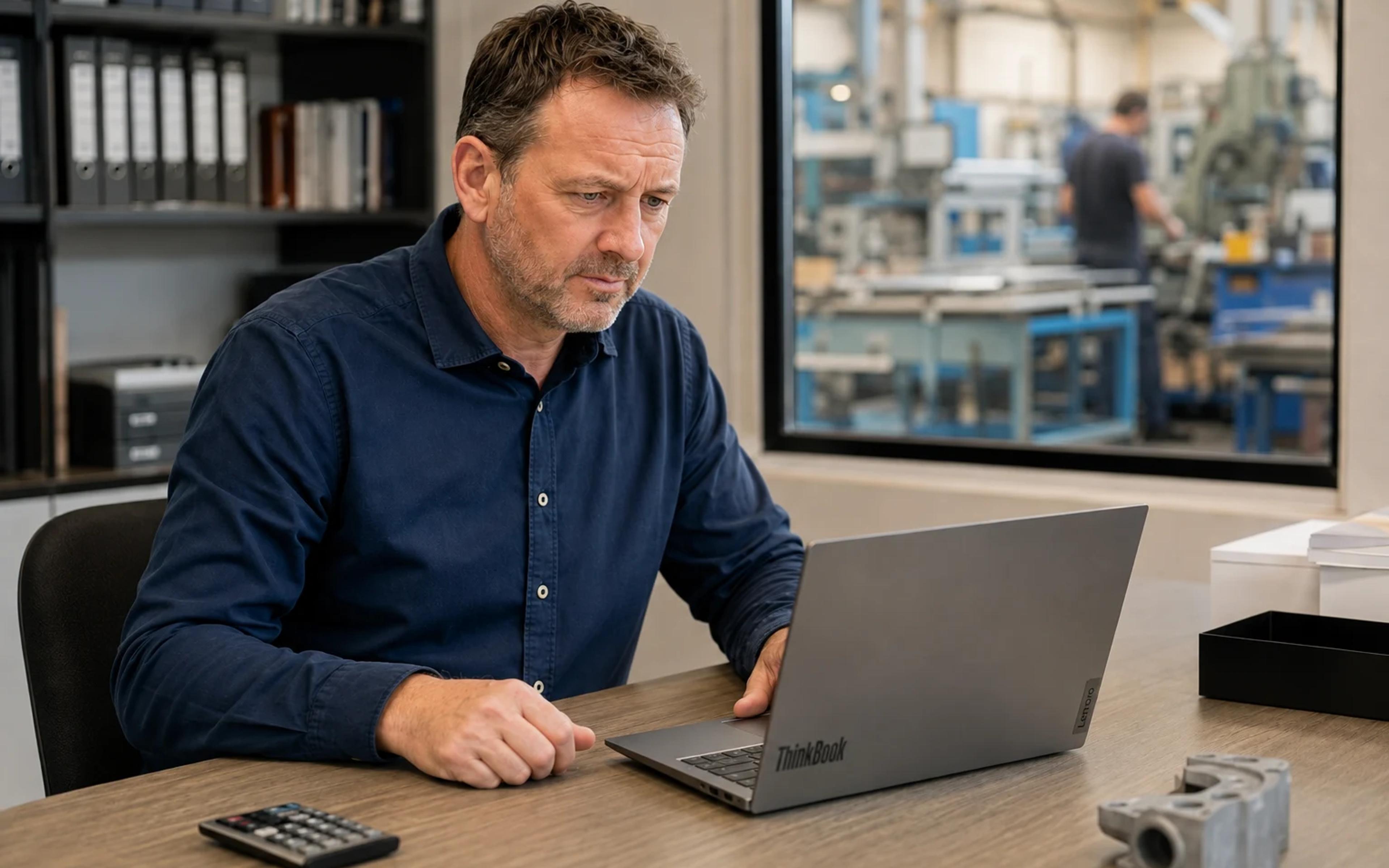 Geschäftsführer prüft QM-Unterlagen am Laptop, im Hintergrund die Fertigung