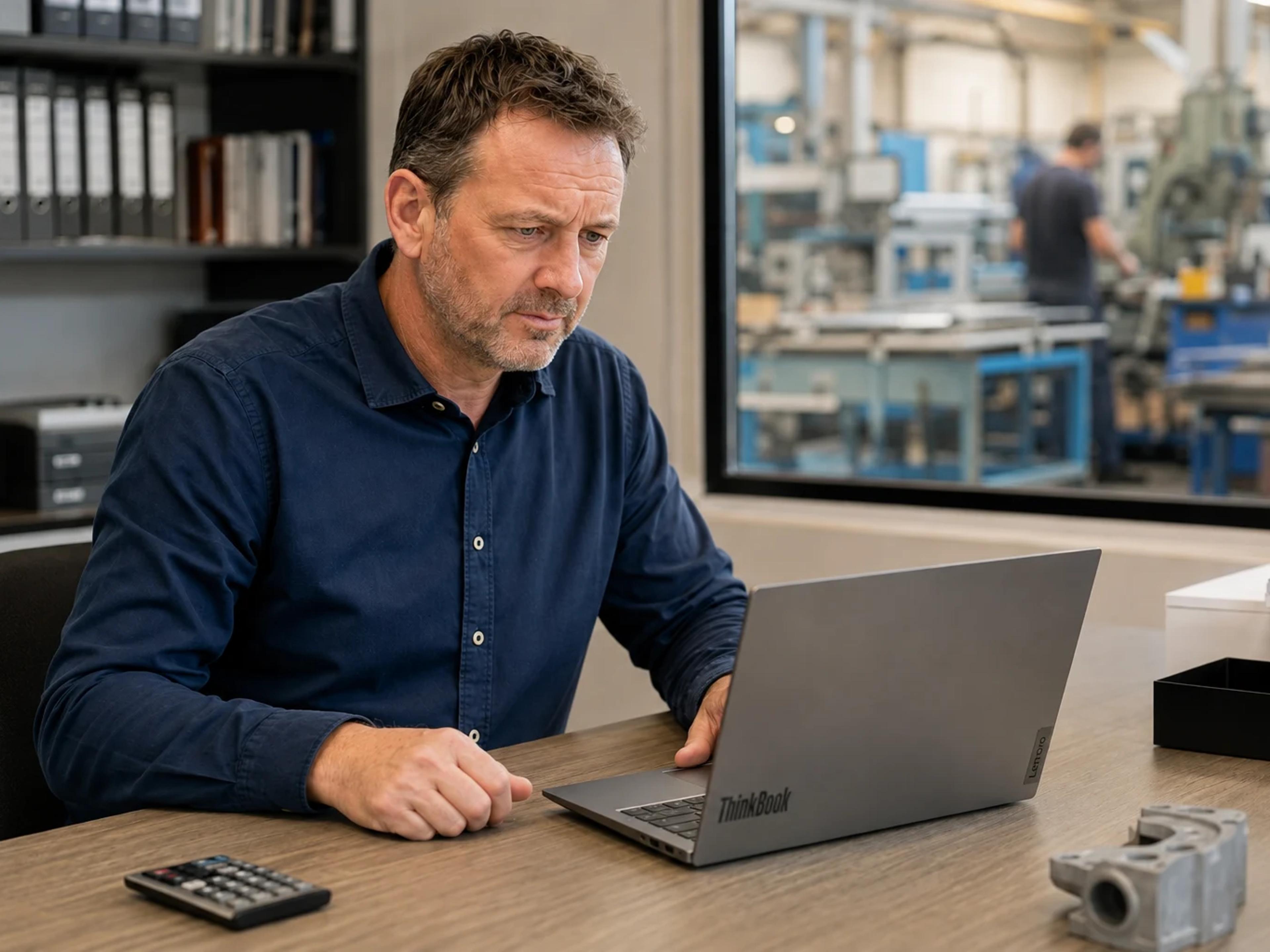 Geschäftsführer prüft QM-Unterlagen am Laptop, im Hintergrund die Fertigung